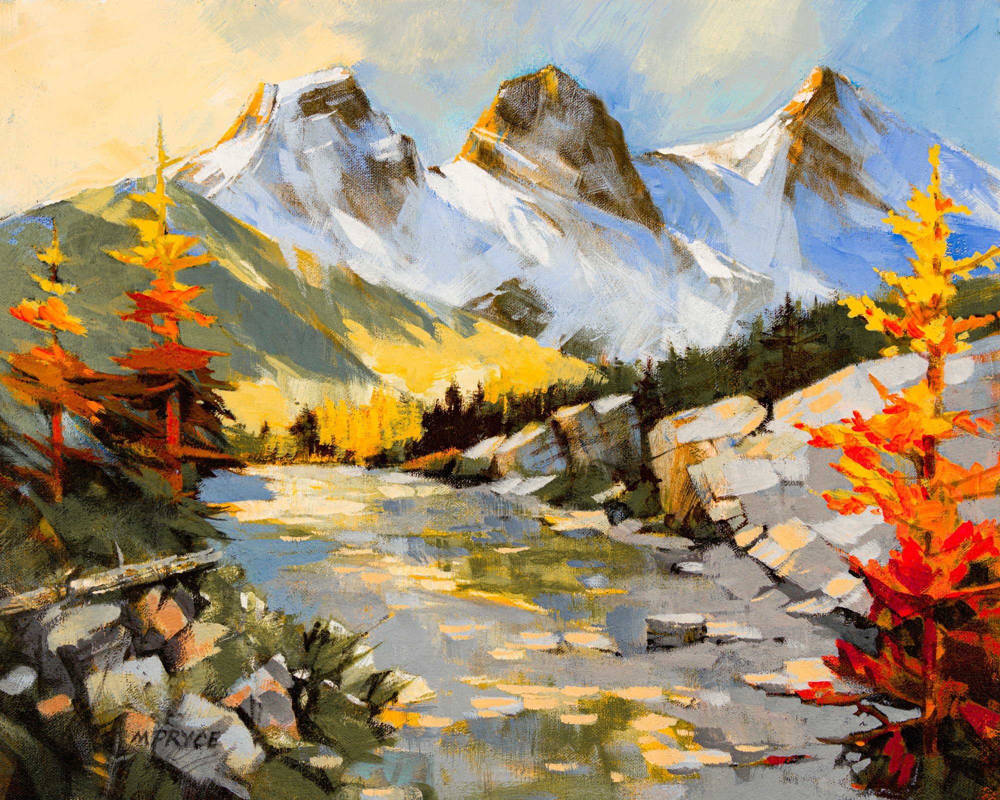 Three Sisters Golden Glow — original latex-acrylic painting of the Three Sisters above a creek in autumn colour, Canmore, by Martin Pryce, 20 x 16 in