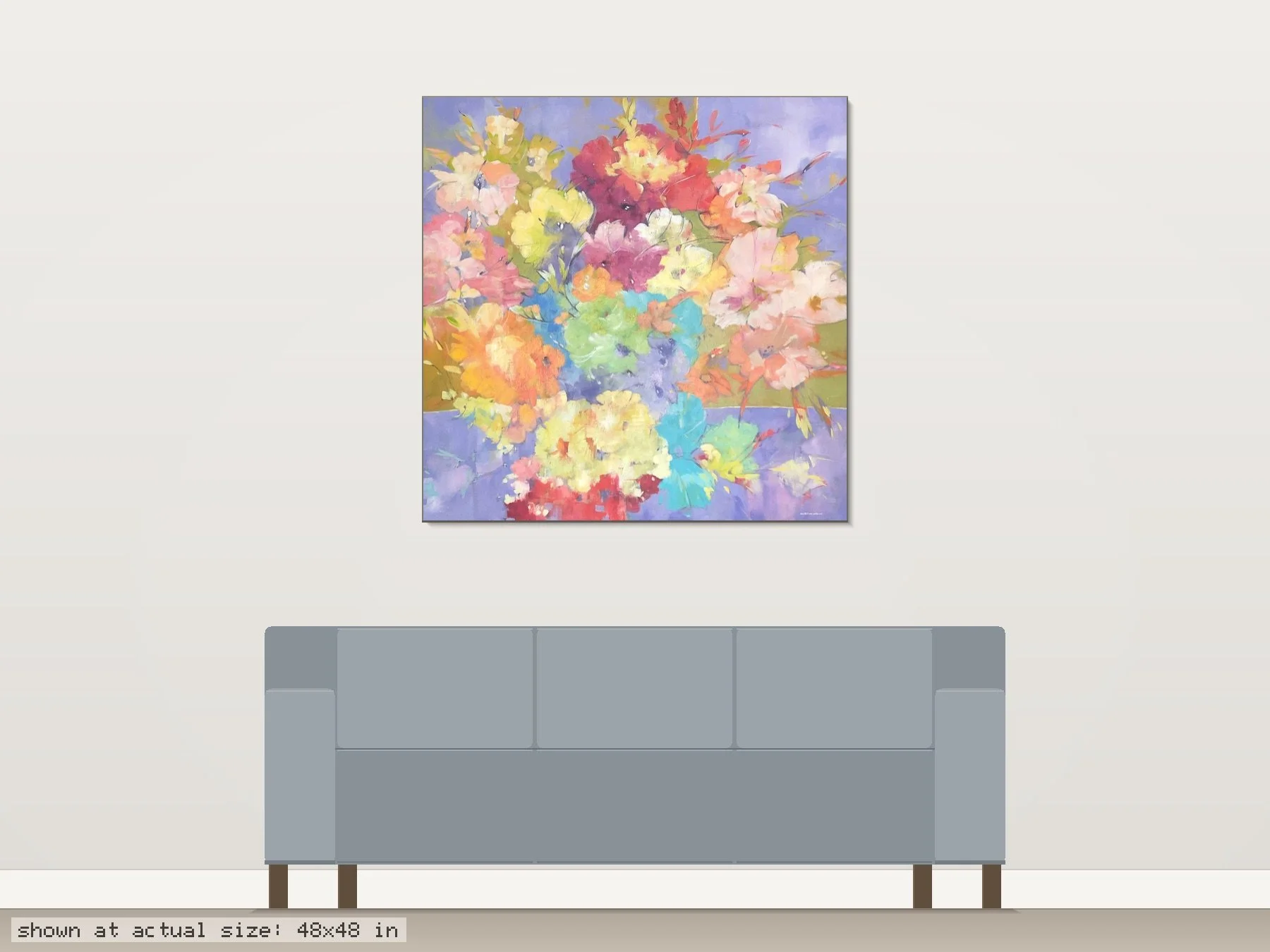 Delightful by Martin Pryce shown at actual size (48 x 48 in) on a wall above an 84-inch sofa — room-scale view of the original painting.
