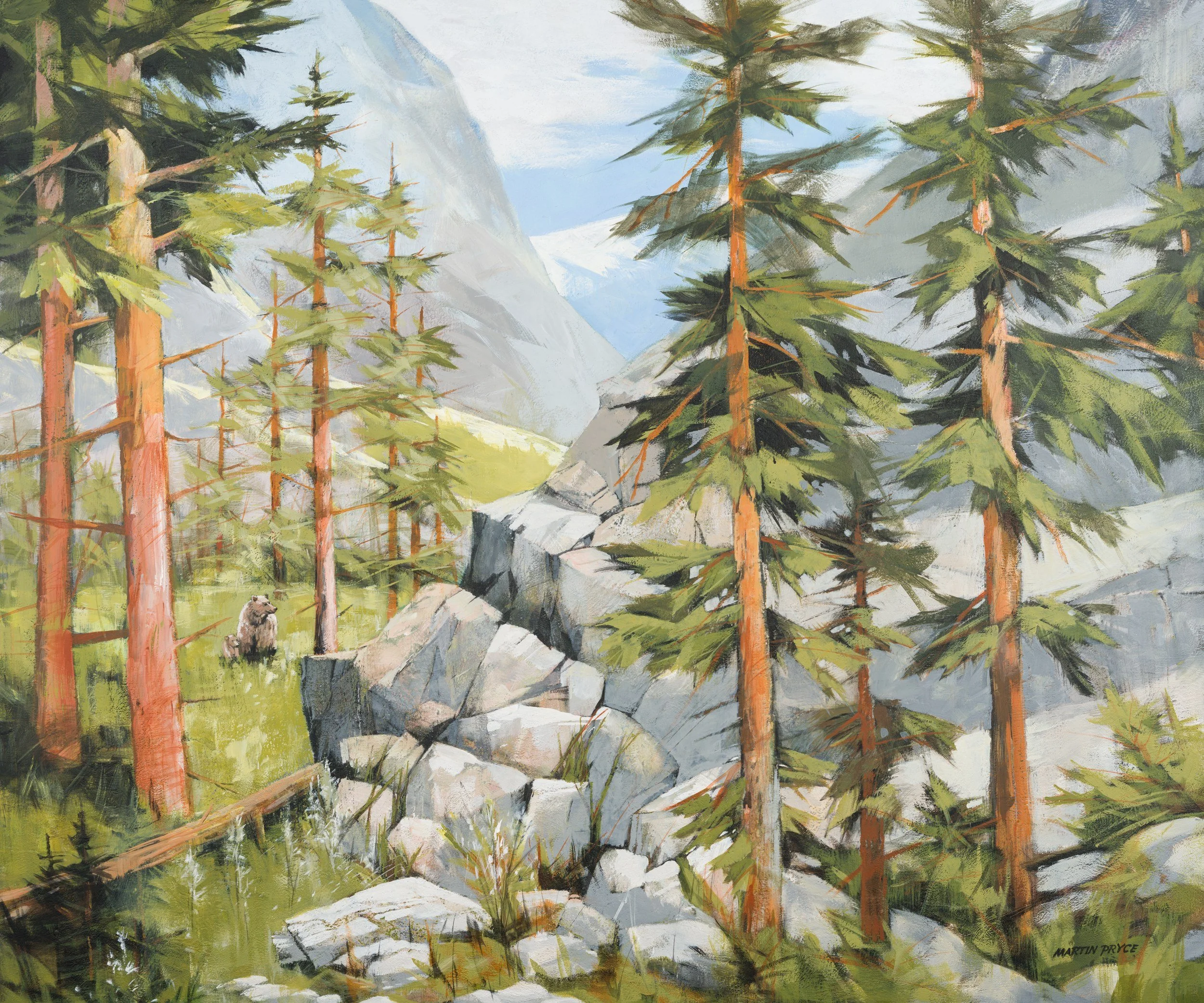 Mother and Cub by Martin Pryce — an original latex-acrylic painting of a mother bear and cub at the edge of a mountain meadow under tall pines, Canadian Rockies