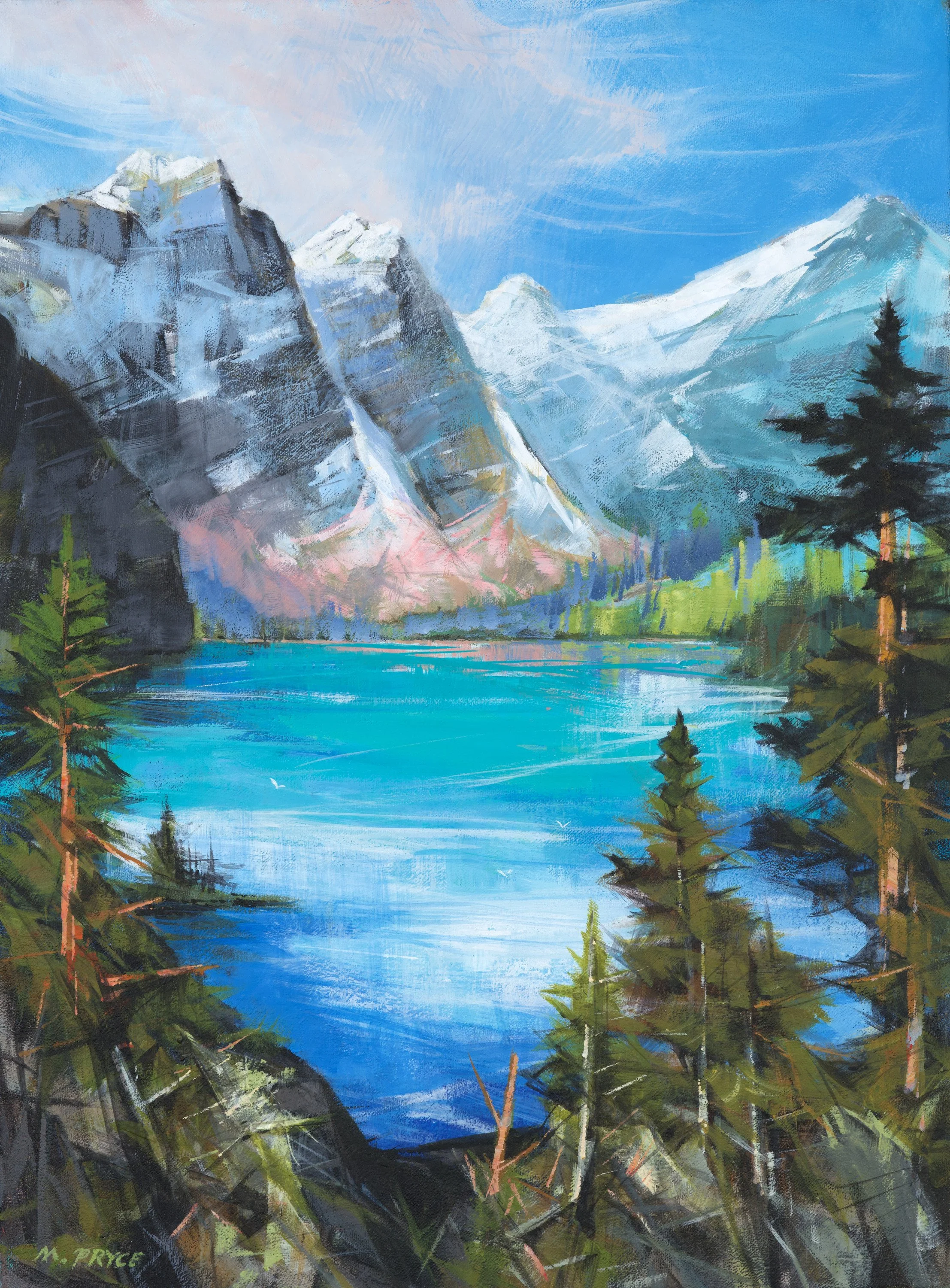 Moraine Lake Elegance — original latex-acrylic painting of Moraine Lake by Martin Pryce, 18 x 24 in