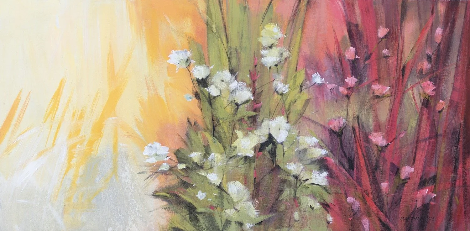 Untitled Floral V — bold modern floral latex-acrylic painting by Martin Pryce, white and pink blossoms on branches against vibrant yellow and purple