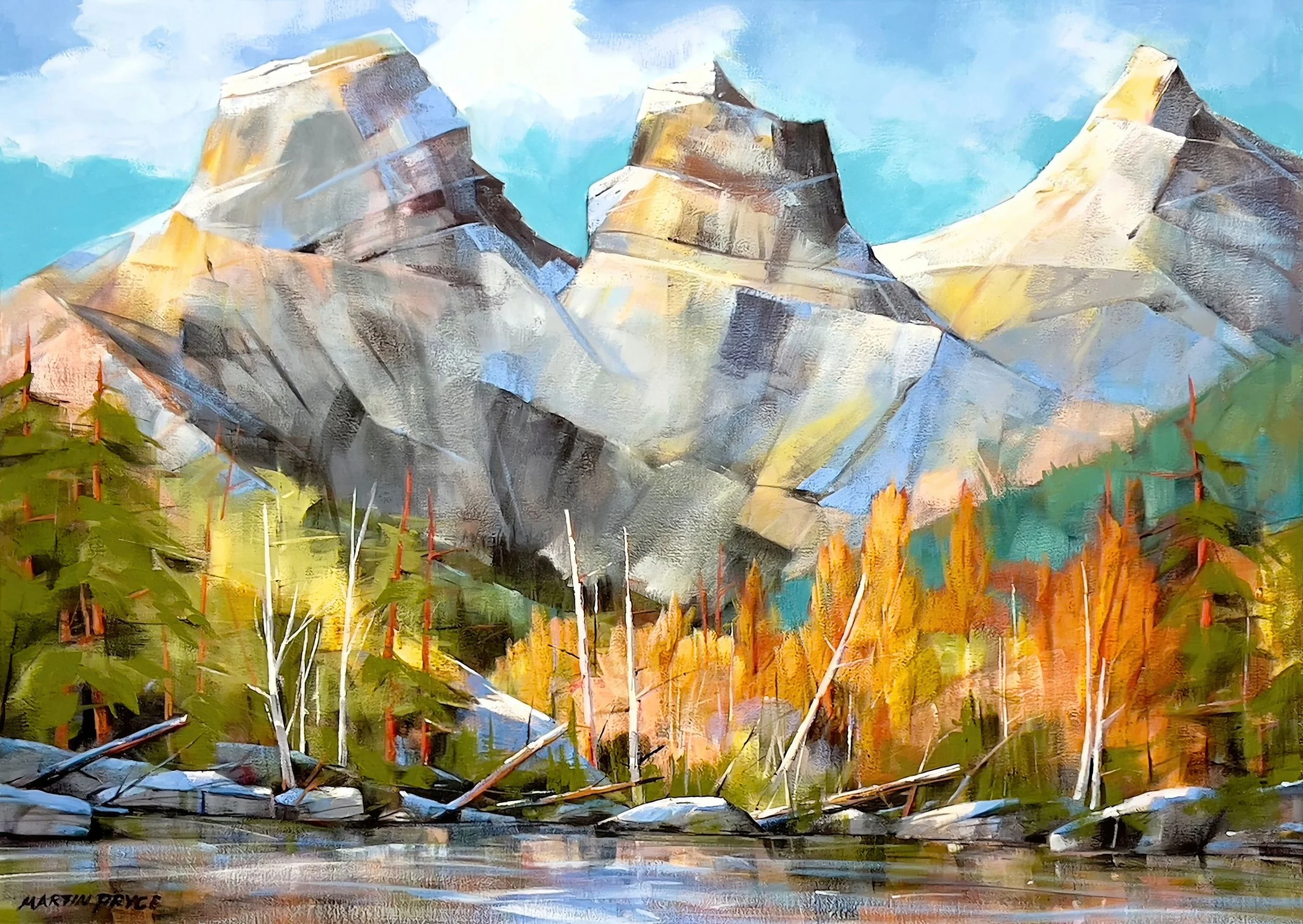 Three Sisters, Canmore - original latex-acrylic painting of the Three Sisters peaks by Martin Pryce, finished under a resin coat