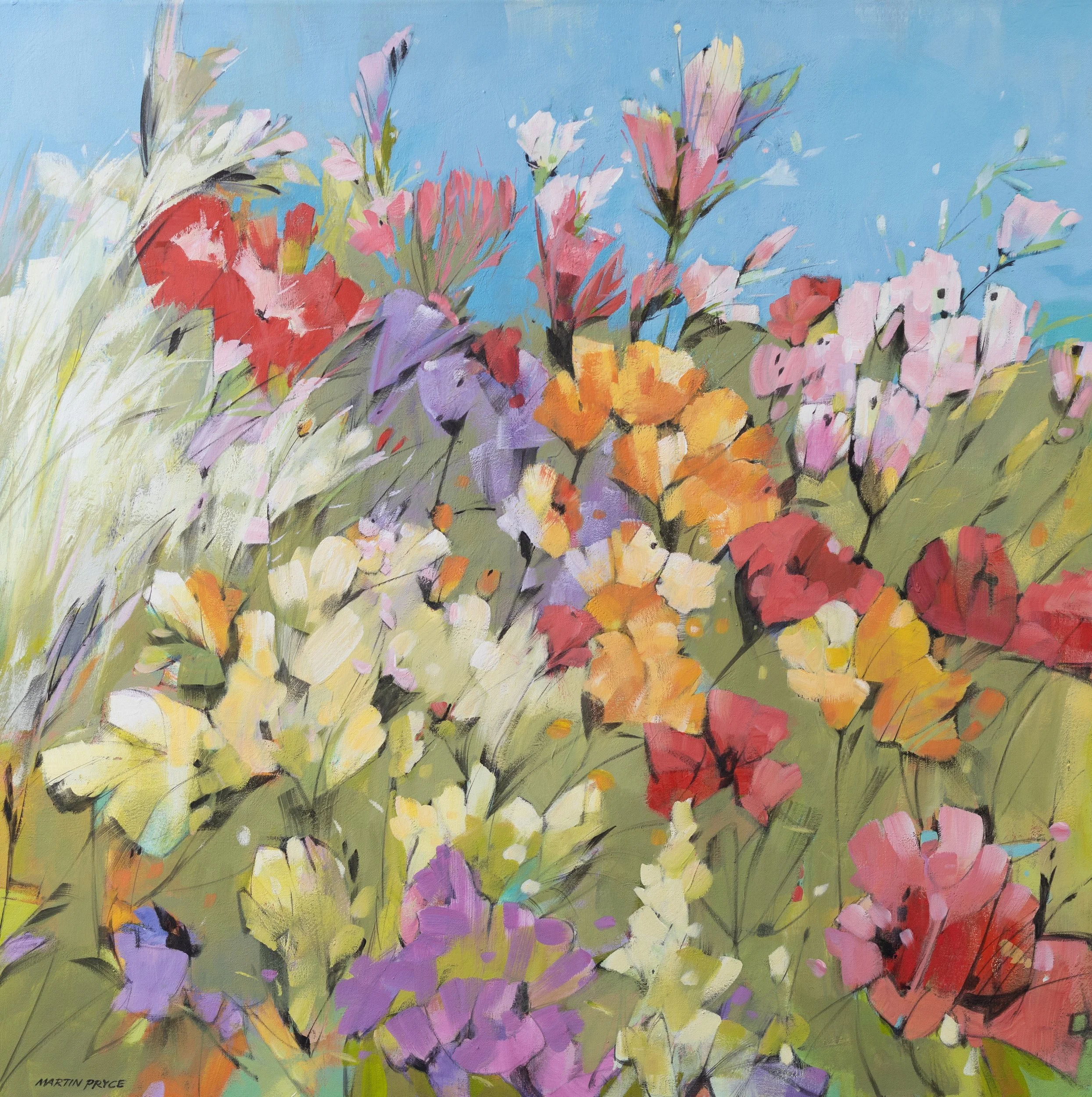 Breezy Flowers by Martin Pryce — original latex-acrylic painting of a windblown field of pink, red and yellow flowers, Alberta.