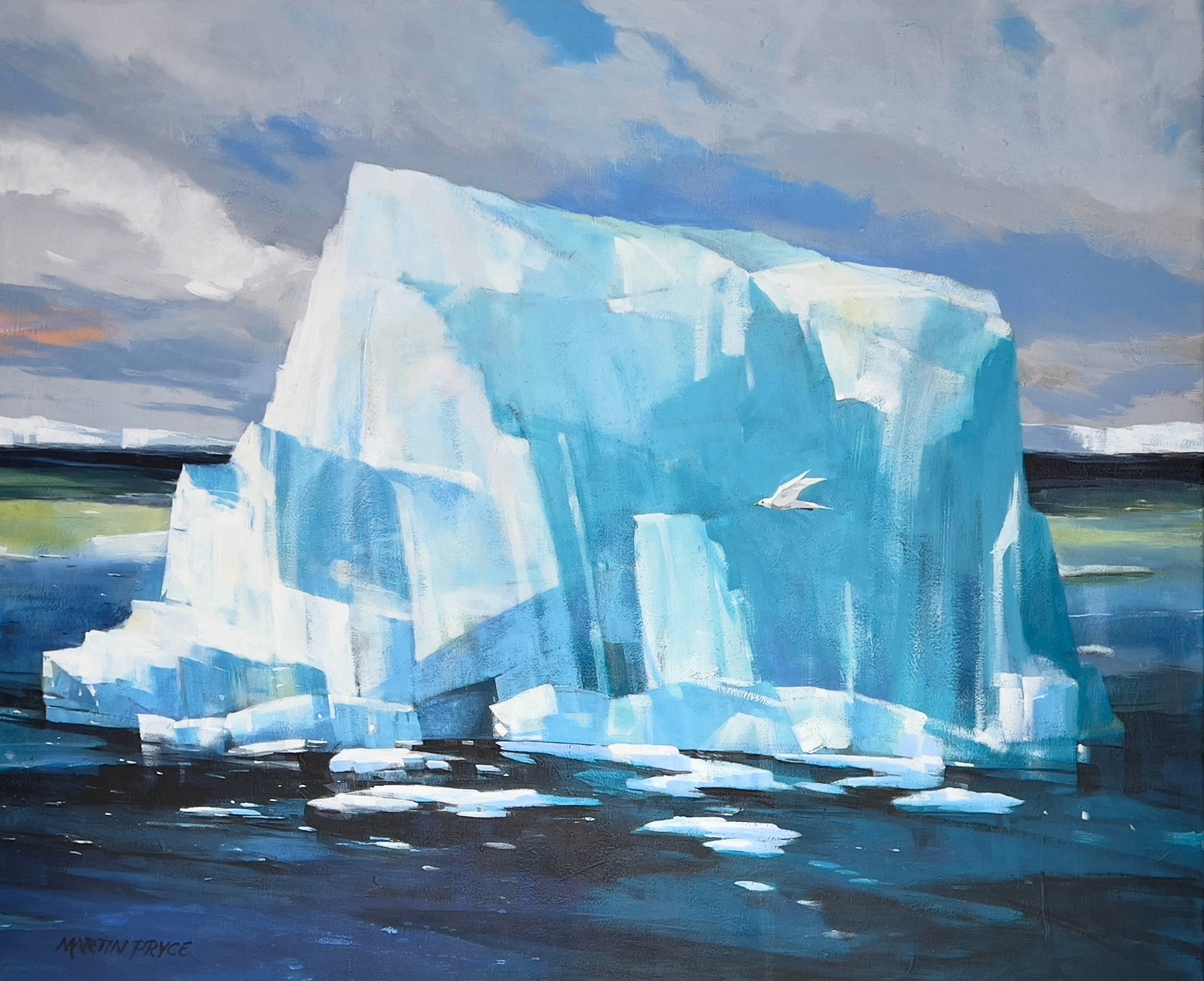 Passage by Martin Pryce — original latex-acrylic painting of a pale blue Arctic iceberg drifting in dark open water