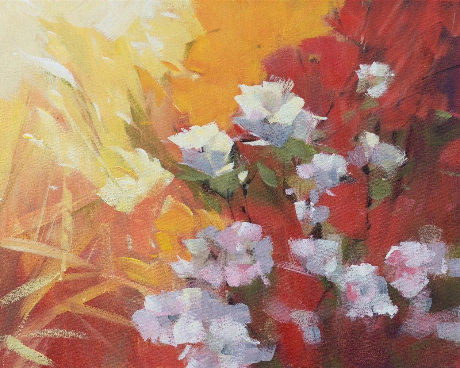 Untitled Floral III — bold modern floral latex-acrylic painting by Martin Pryce, white blossoms against warm yellow, orange and red foliage