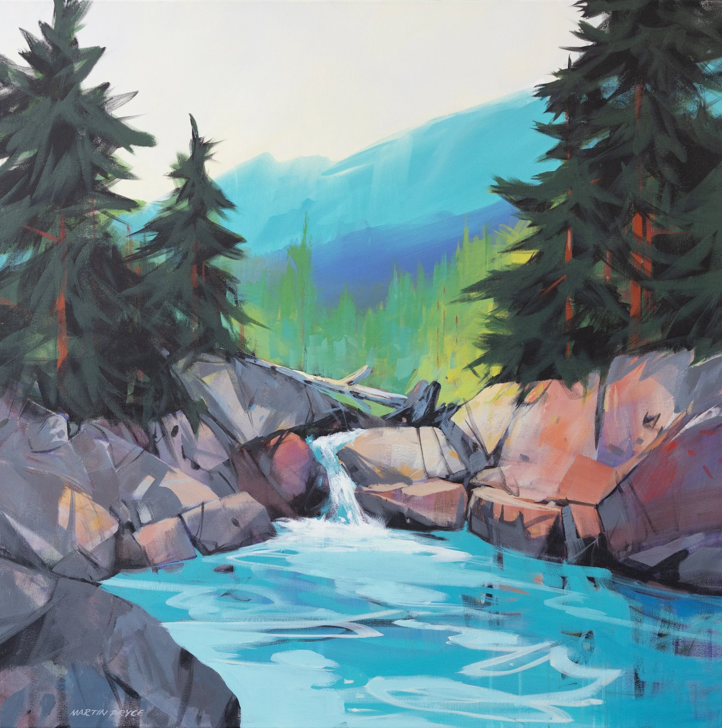 Cool Glacier Water by Martin Pryce — original latex-acrylic painting of glacier-fed water running over rock beneath evergreens