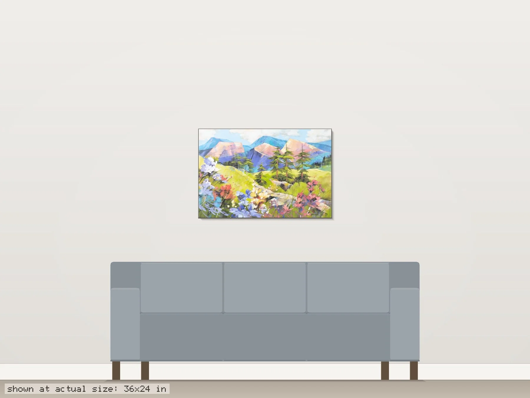 Deer Run by Martin Pryce shown at actual size (36 x 24 in) on a wall above an 84-inch sofa — room-scale view of the original painting.