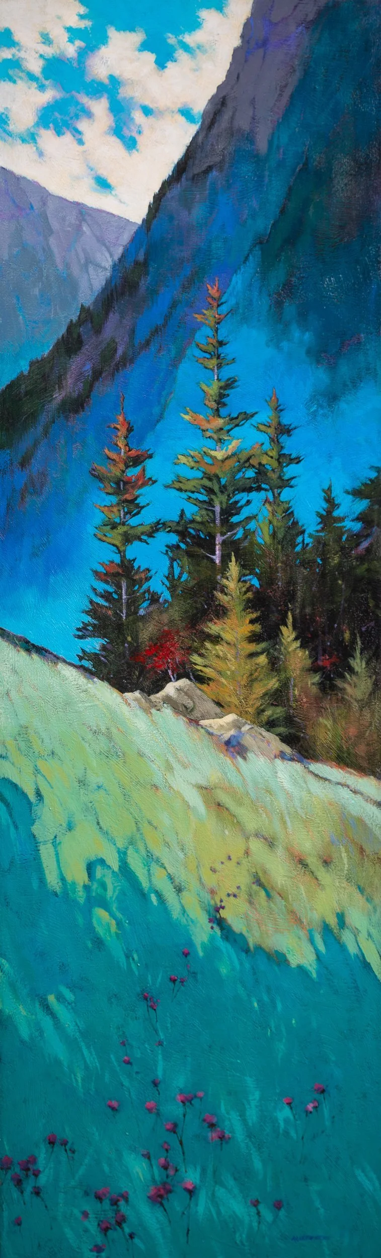 Rolling Mountain Heights by Martin Pryce — original painting of evergreens on a steep green mountainside beneath blue peaks at day's end