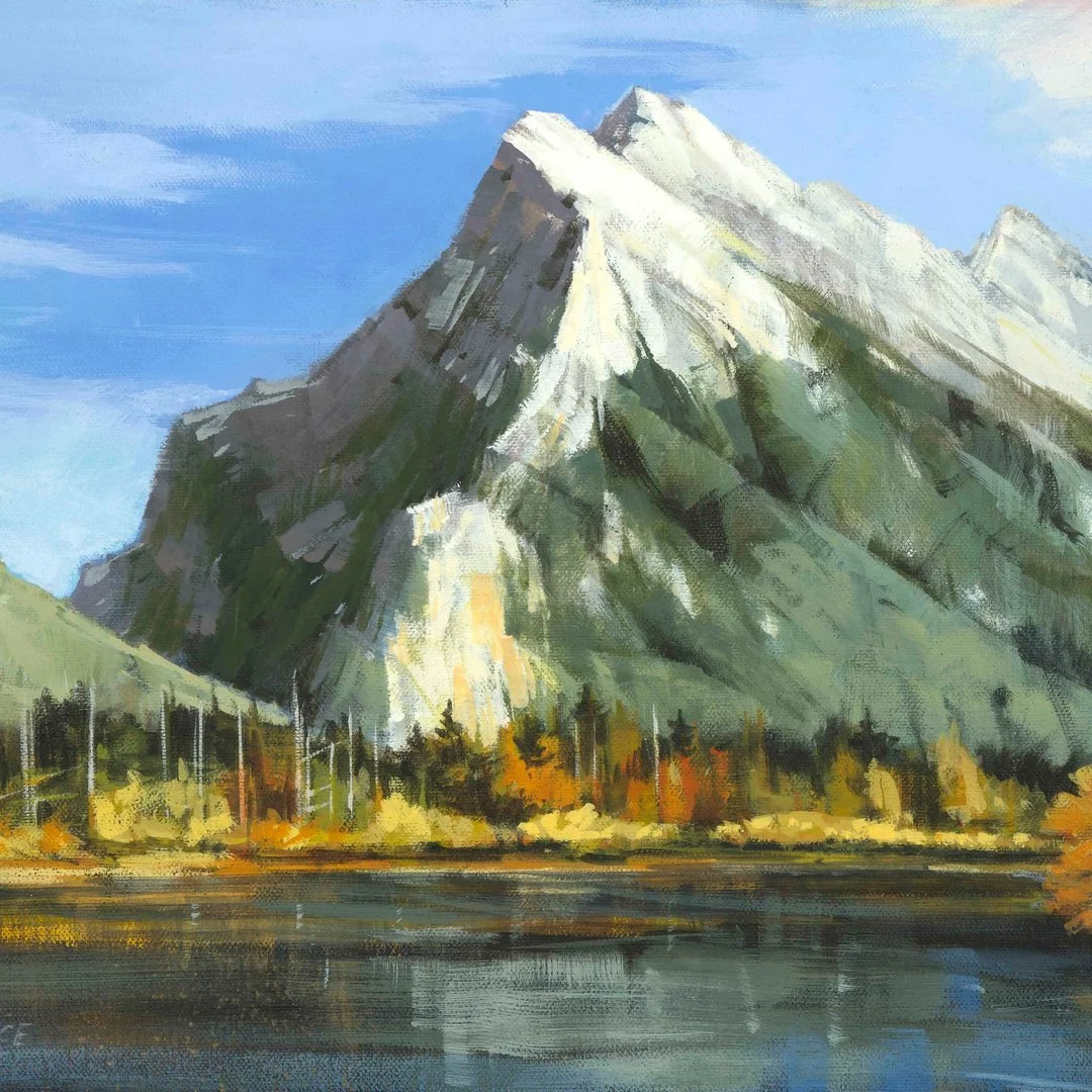 Detail of Mount Rundle Peak by Martin Pryce — brushwork on the snow-capped ridgeline of Mount Rundle in latex-acrylic