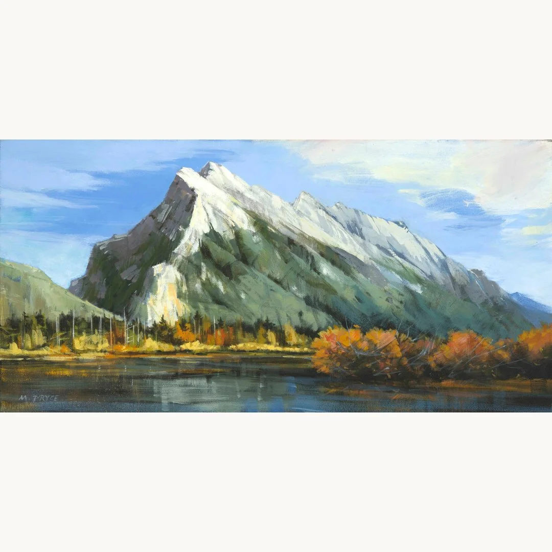 Mount Rundle Peak by Martin Pryce — an original latex-acrylic painting of Mount Rundle rising above the Bow Valley in autumn colour, Banff, Alberta