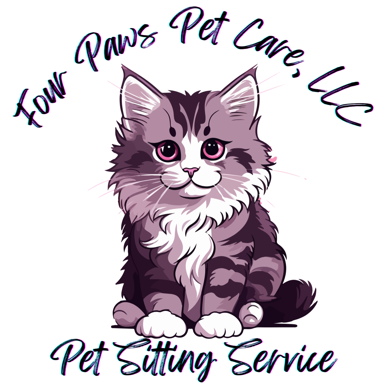 Digital graphic of a cute gray tabby kitten with large pink eyes, sitting in front of a neon pink background. Text above and below the kitten says "Town & Pet Care" and "Pet Sitting Service" in stylized black script with teal and pink accents.