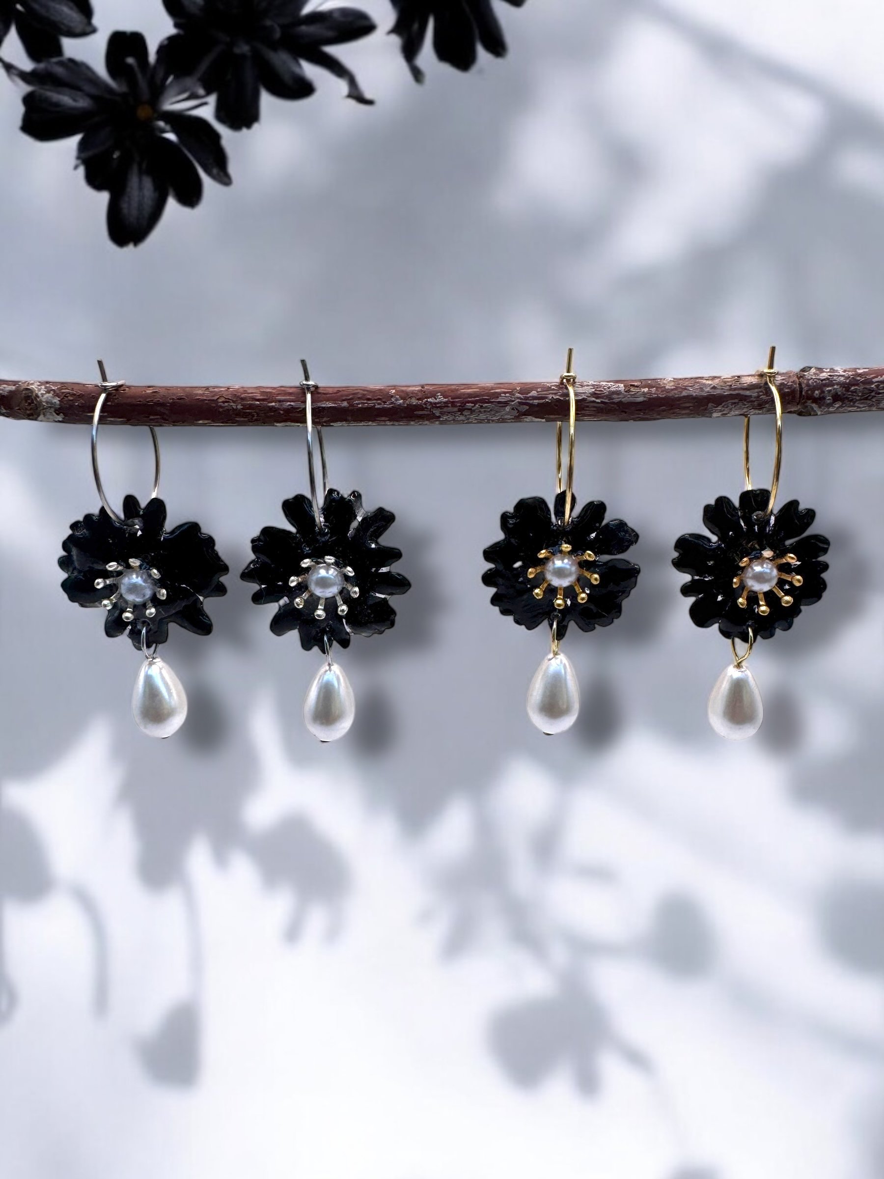 Black Flower Hoops