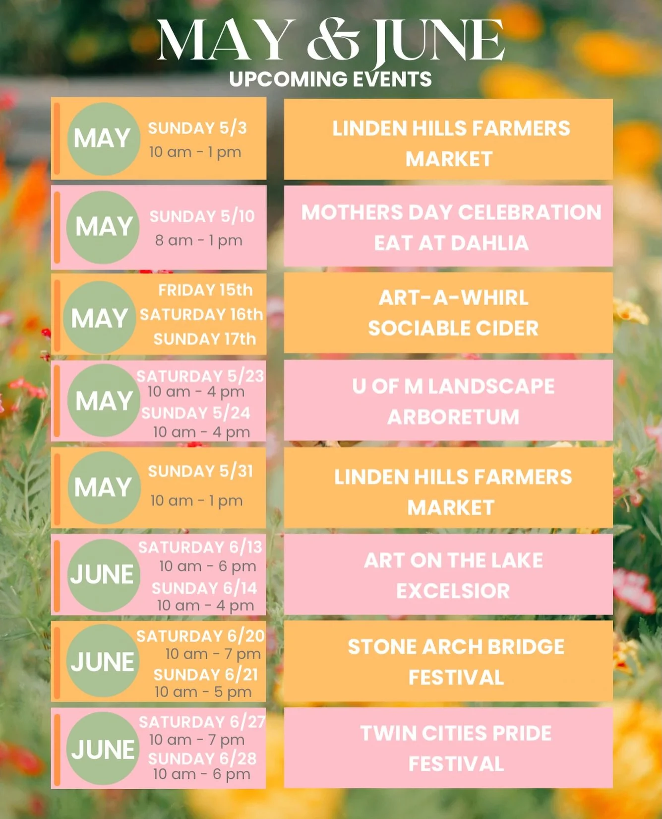 If you&rsquo;re looking to shop in person here is my schedule for the next two months ✨ I&rsquo;ll share more specific details for each event closer to their dates. 
Cheers to the start of the outdoor season 🌞🌻🌳