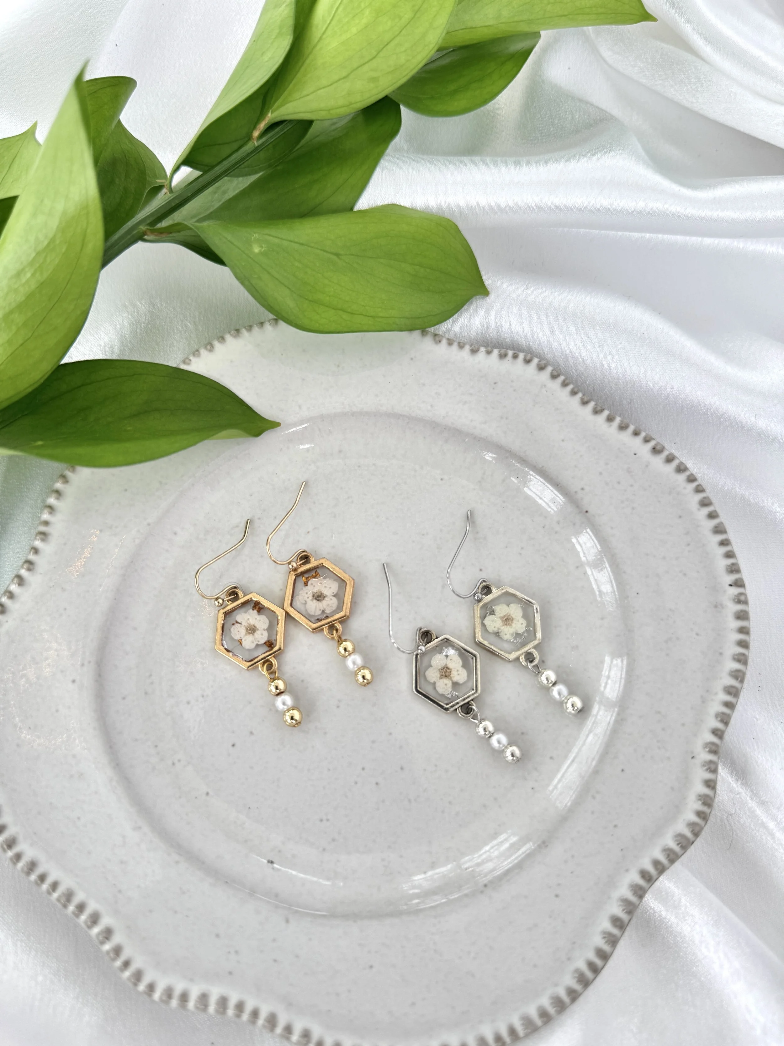 White Hexagon Earrings