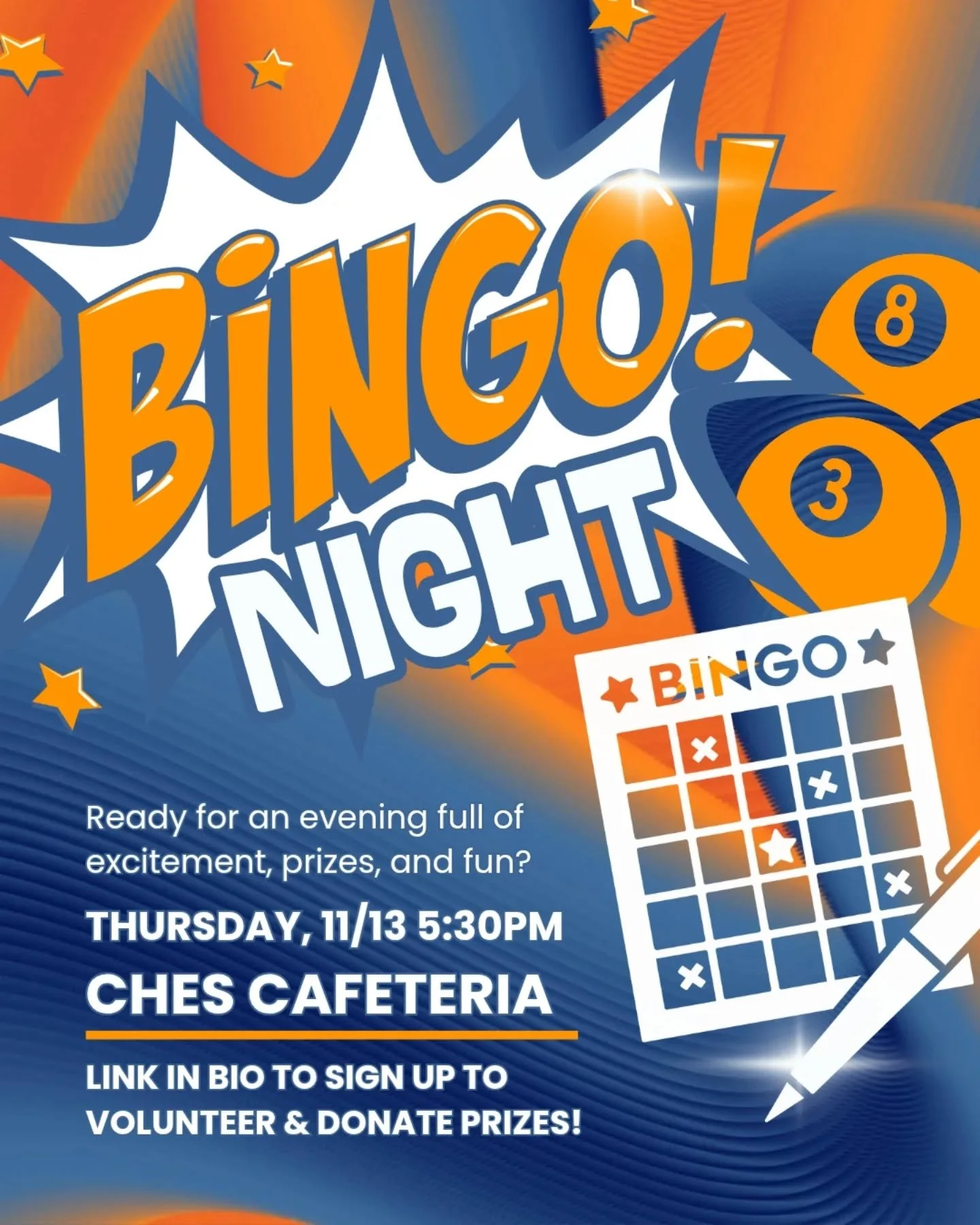 🎵B-I-N-G-O 🎵 B-I-N-G-O 🎵 B-I-N-G-O🎵 and now it's time to go, go...to CHES Bingo Night!!! This super fun FREE evening is next week and we can't wait to see you there! 

Please join us at 5:30pm on Thursday, Nov 13th in the CHES Cafeteria. Lots of 