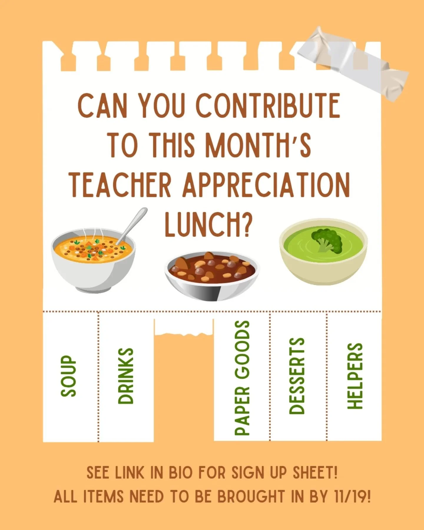 🍂 We're getting ready for a Fall favorite warm and cozy teacher appreciation lunch with the theme 'Our teachers and staff are SOUPer'! 🍲 We need volunteers to bring in crockpots of soup as well as sides, desserts, paper goods, drinks and helpers th