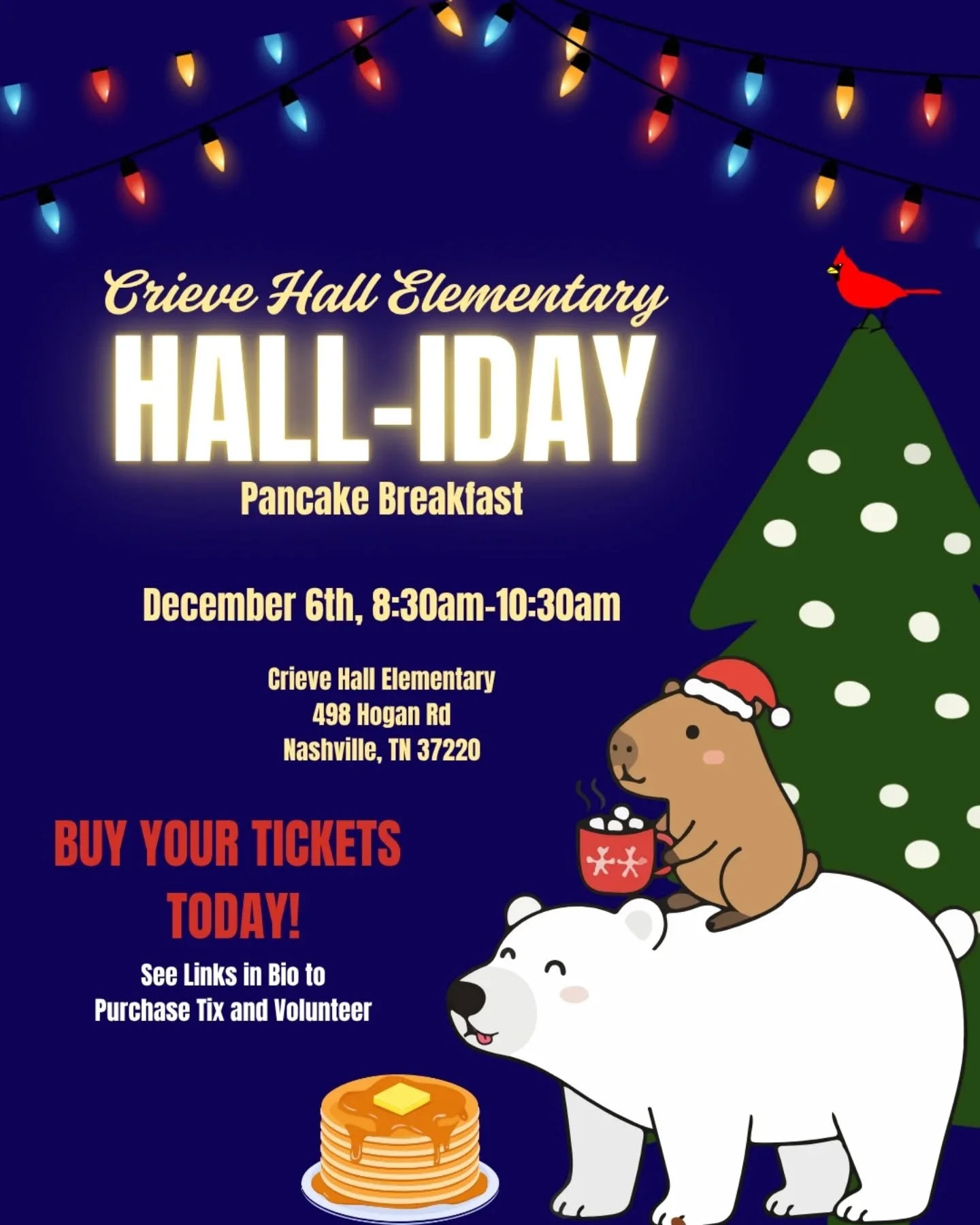 🥞 BUY YOUR PRESALE TIX TODAY! 🥞

Crieve Hall's annual Hall-iday Breakfast is Saturday, December 6th from 8:30am-10:30am. A morning for the whole family filled with pancakes, community, and a special appearance from Santa himself! 🎅 

Volunteers ar