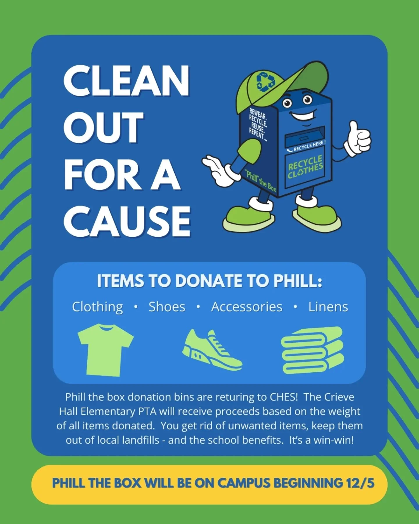 Phill the Box is returning to campus today to take your clothes donations! If you missed the last round, here's your chance to donate clothing items before the end of the year! 🧥👚🧣🧦🧤🥿👞