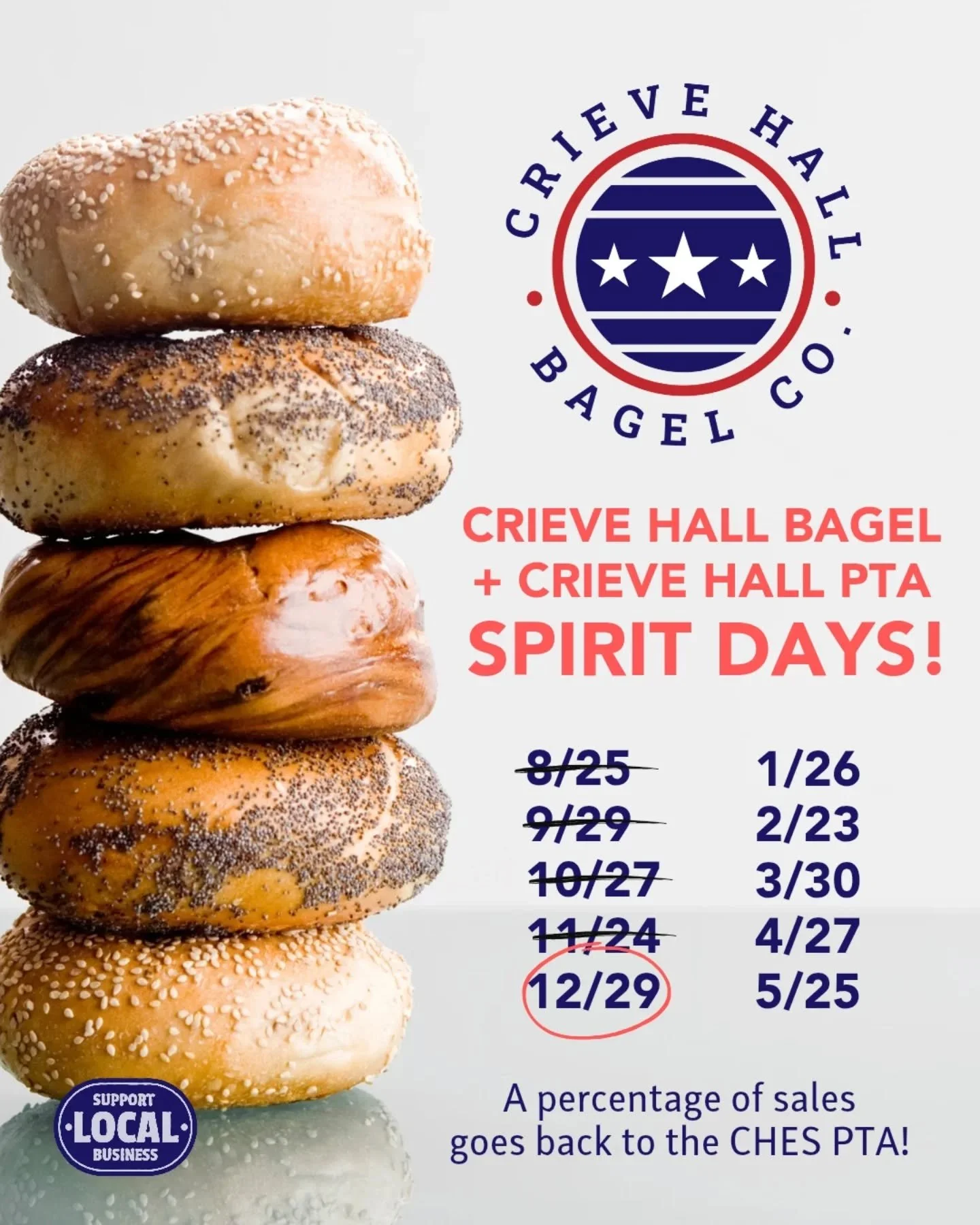 Visit our favorite neighborhood bagel shop tomorrow Monday, 12/29 and grab some tasty bagels and a delicious beverage! A percentage of all sales will go directly to the Crieve Hall PTA!

Visita nuestra bageler&iacute;a favorita del barrio manana, 29/