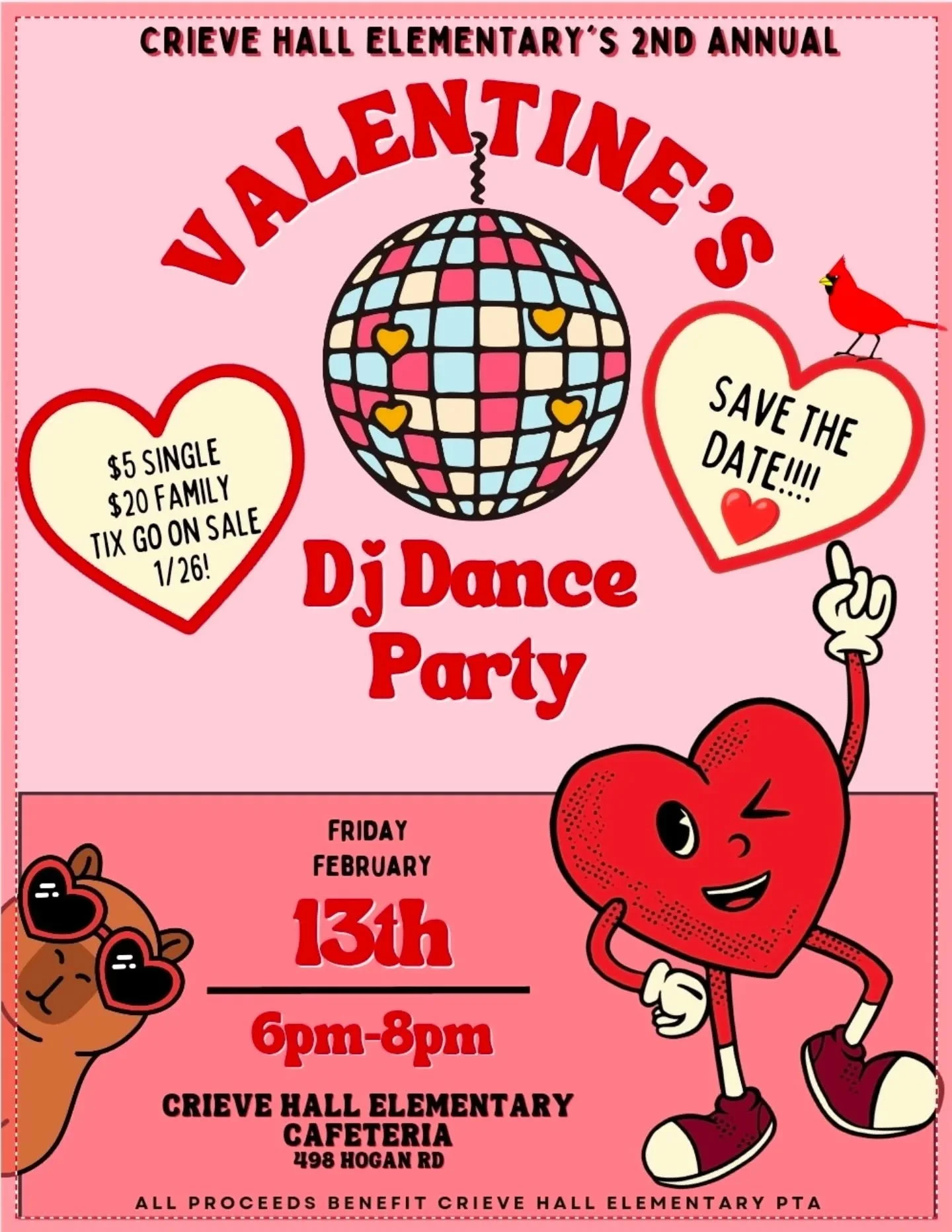 Save the date for Crieve Hall Elementary's 2nd Annual Valentine's Dance being held on Feb 13th, 6pm in the school cafeteria! This DJ dance party is fun for the entire family! Tickets for this event will go on sale Mon, Jan 26th. We can't think of a b