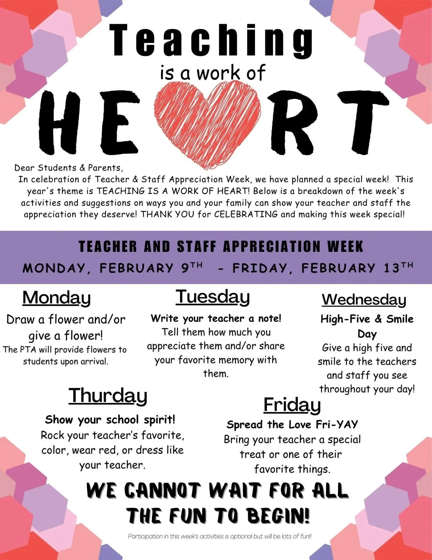 💕 Let's talk about something that warms our hearts...TEACHERS! 💕 Save the UPDATED dates for Teacher (and Staff) Appreciation Week at CHES coming up from February 9-13th! With all this extra time at home maybe you can get a head start on some awesom