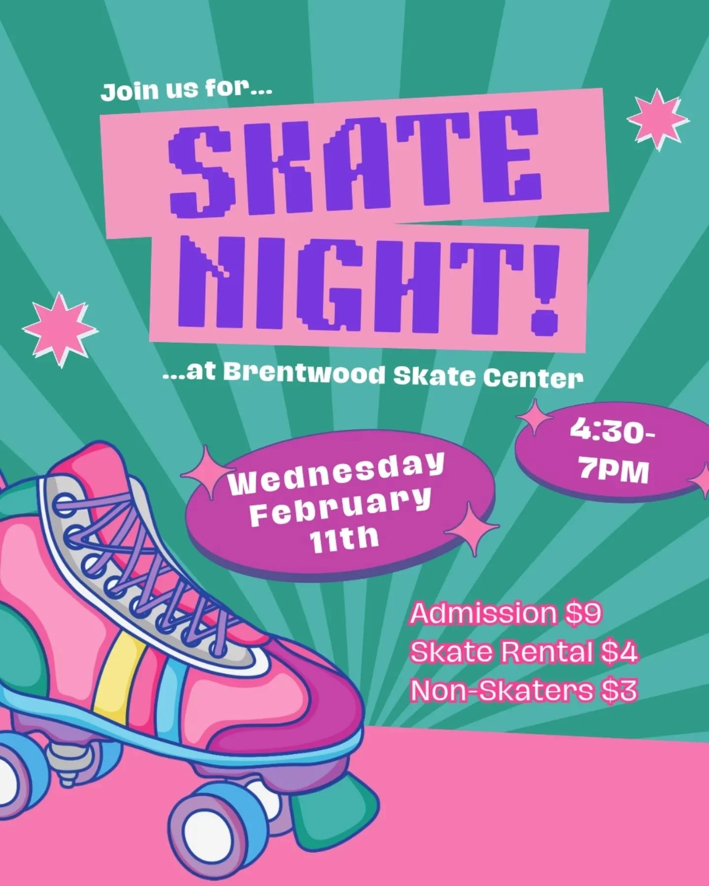 🛼 Roll on down to the Brentwood Skate Center for skate night next Wednesday 2/11 from 4:30 - 7pm!

Admission is $9, skate rental is $4 and non-skating parents are $3. The PTA will receive 50% of all paid admission fees once over 50 admissions are pa