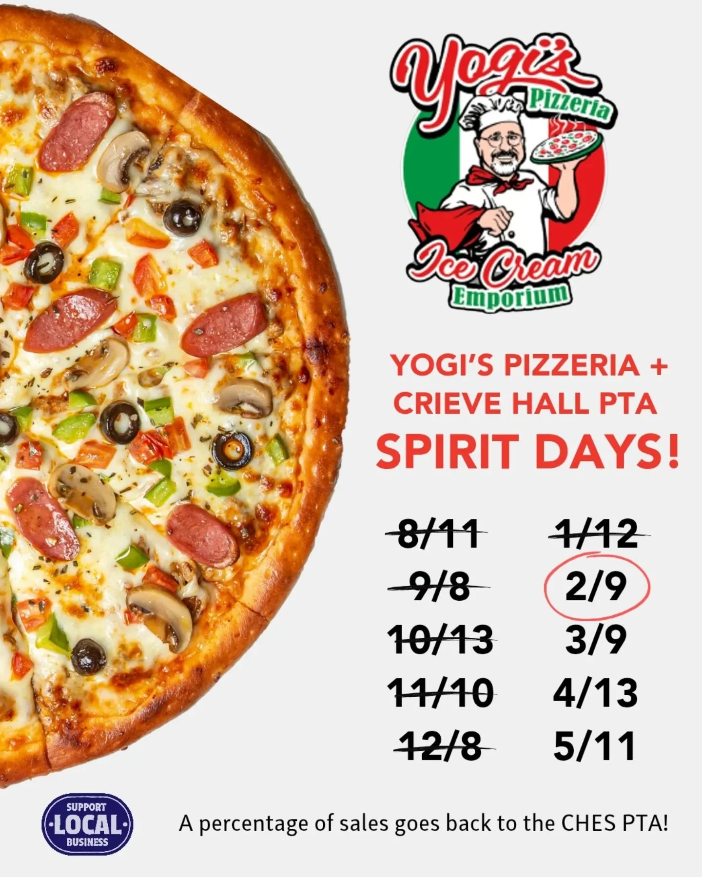 Tomorrow(Monday) is CHES night at @yogispizzeria! Skip cooking and order a warm pizza dinner from Yogi's and support CHES PTA!