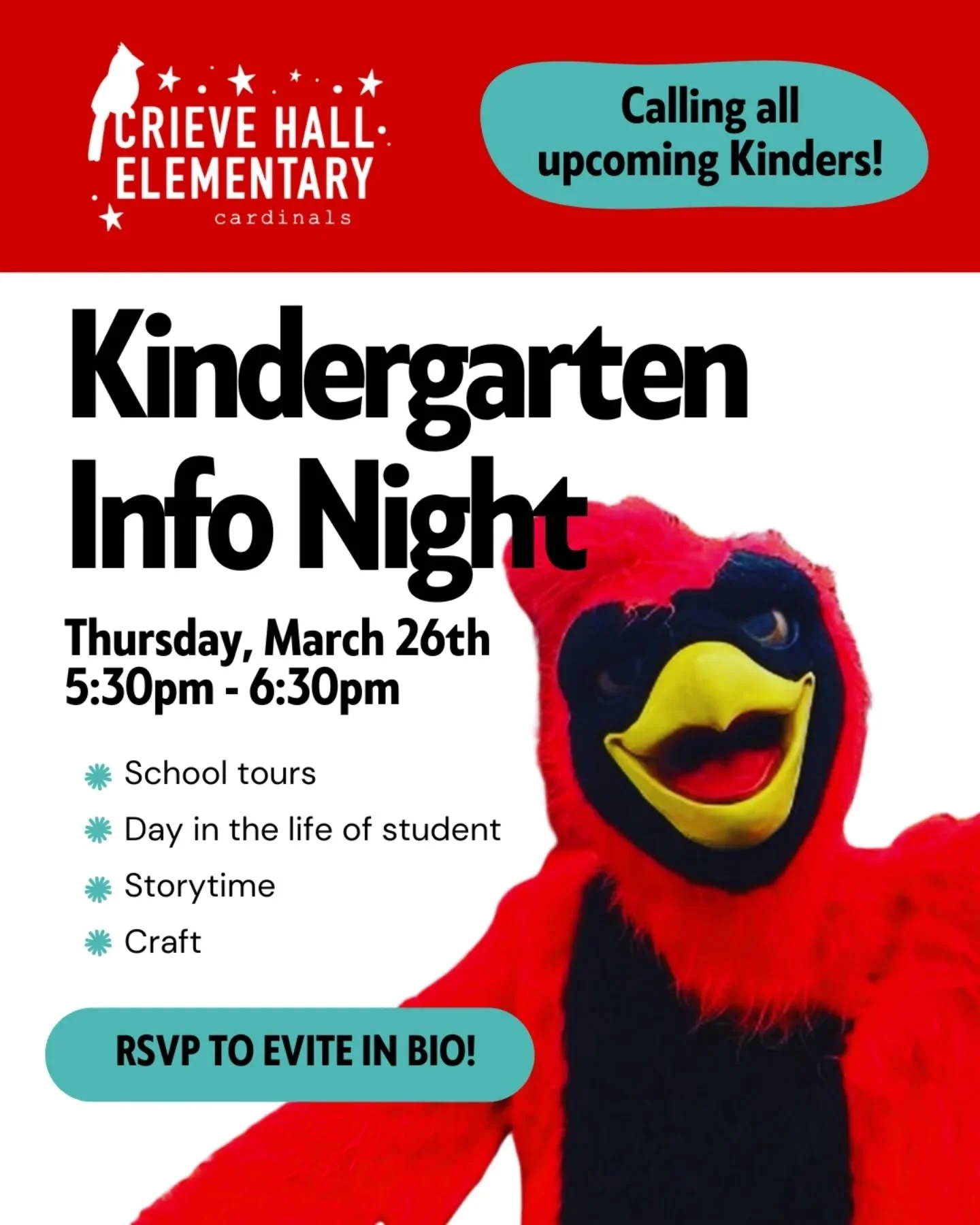 Calling all upcoming Cardinals! Kindergarten Information Night will be held on Thursday, March 26th from 5:30-6:30pm! 

Bring the family for school tours, day in the life of a student, story time, and a craft! See the evite link in our bio to RSVP!
