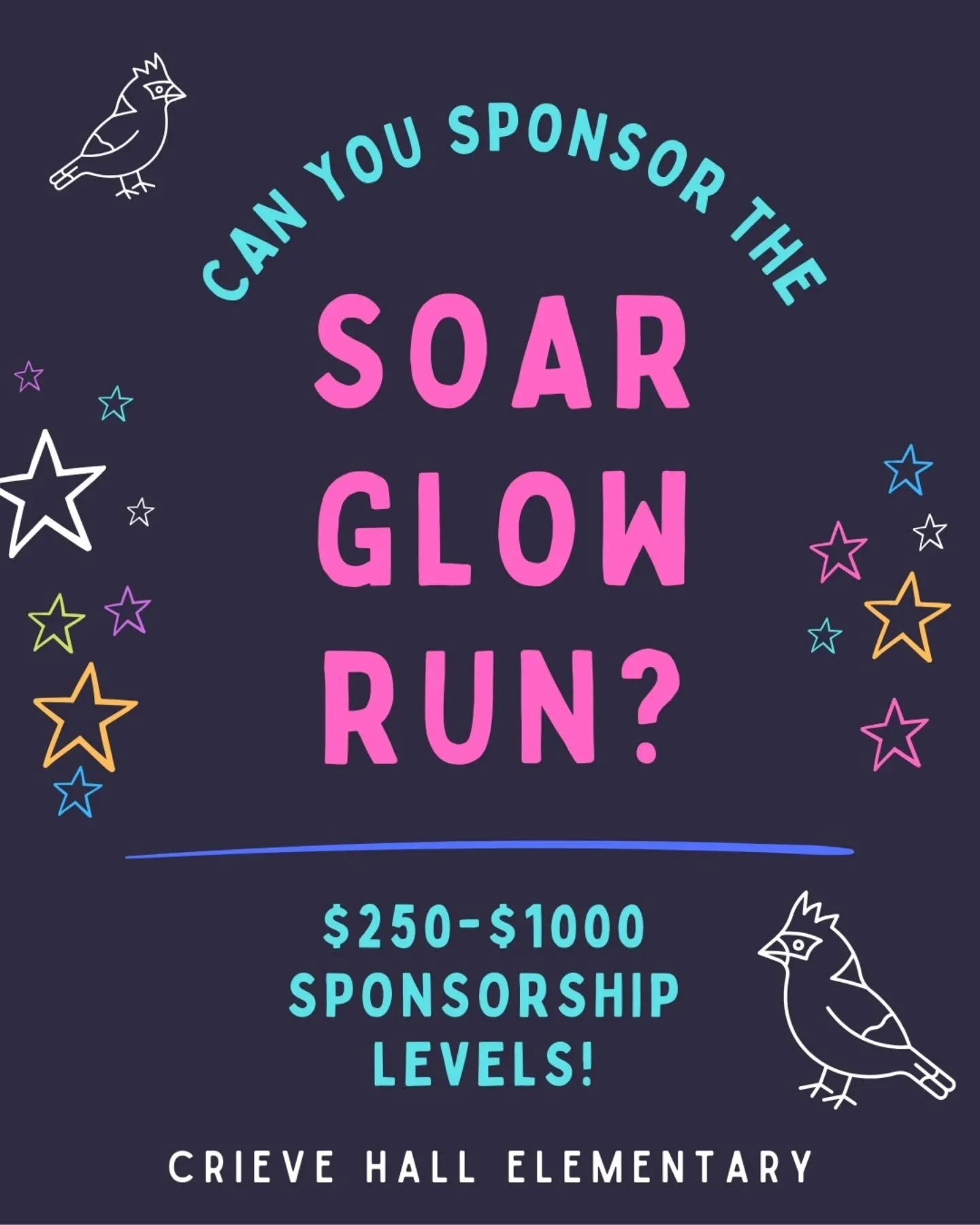 In a few weeks, the Crieve Hall Elementary PTA will hold its annual SOAR (Strengthening Our Academic Resources) campaign culminating in a Glow Run! ✨

We&rsquo;re seeking sponsors to help us with our Glow Run costs, and we&rsquo;d love to promote the