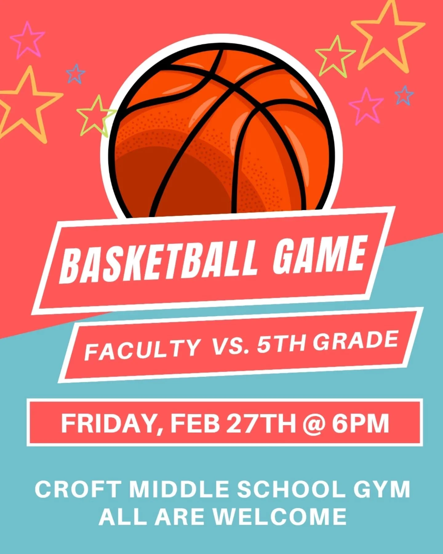 🏀 Let's cheer on CHES this Friday, February 27th, at Croft Middle School! Crieve Hall 5th‑grade students will be taking on the Crieve Hall faculty in the annual student vs faculty basketball game at 6:00 p.m. 🏀

This event is free and open to every