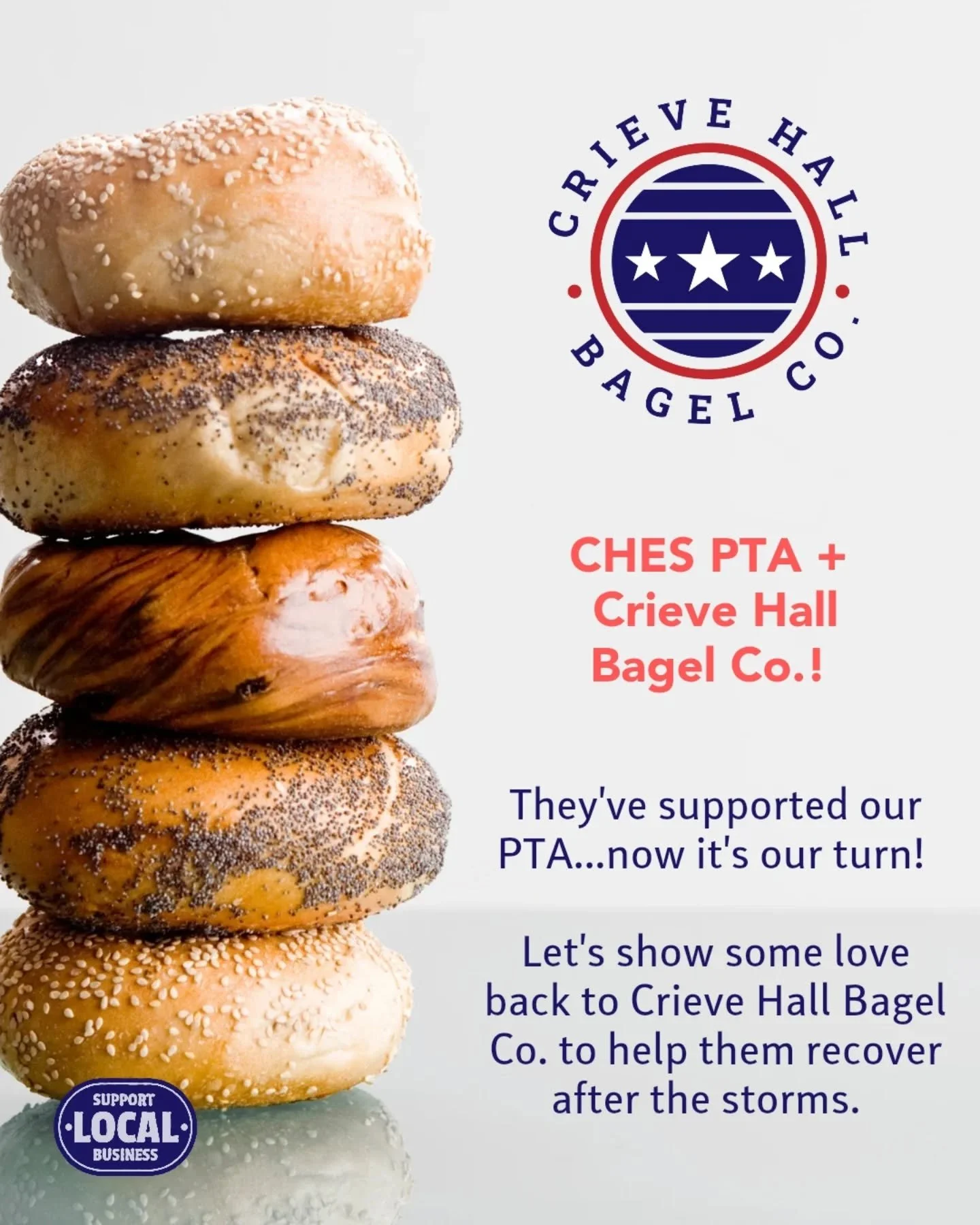 This month, instead of @crievehallbagelco supporting US, we are going to show our love back to Crieve Hall Bagel Co. who took a massive loss of dough and dough with the ice storms. Stop by and grab a bagel, grab bagels for the office, hold your next 
