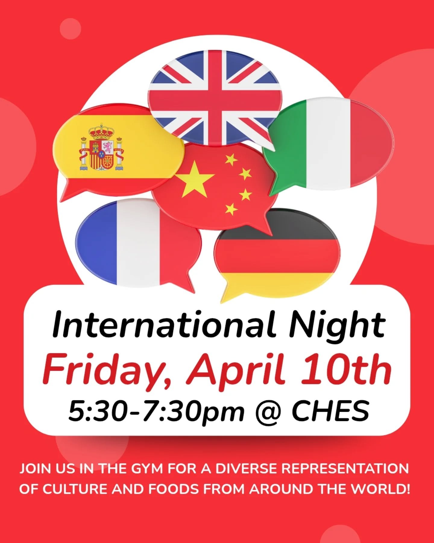 Mark your calendars for this year's International Night! An annual favorite event put on by @crievehallelementary! Join us in the CHES gym from 5:30-7:30pm on Friday, April 10th for a diverse representation of culture and foods from around the world!