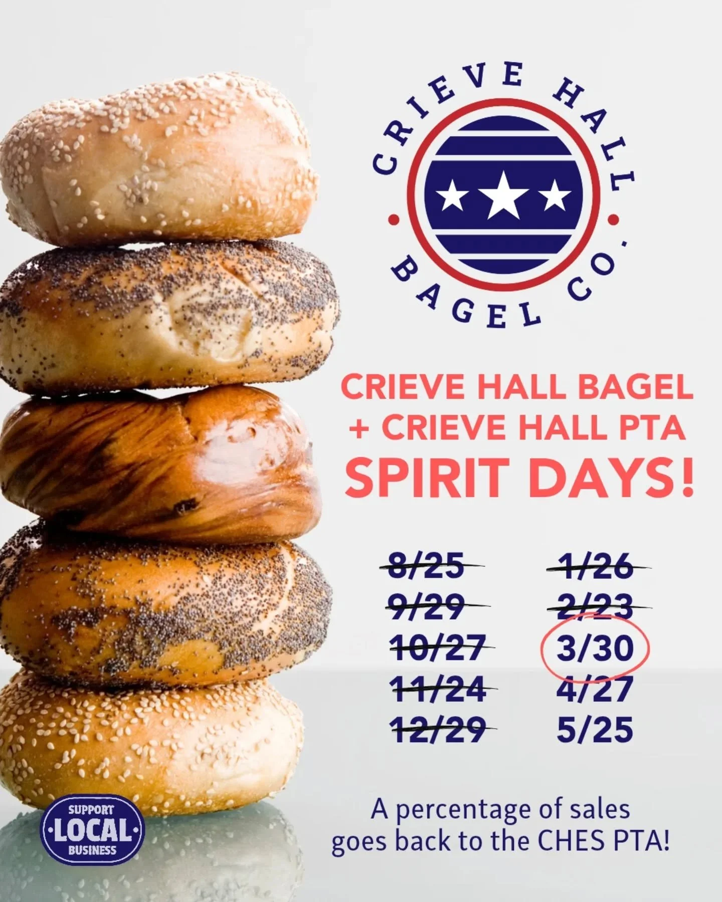 Visit our favorite neighborhood bagel shop tomorrow Monday, 3/30 and grab some tasty bagels and a delicious beverage! A percentage of all sales will go directly to the Crieve Hall PTA!