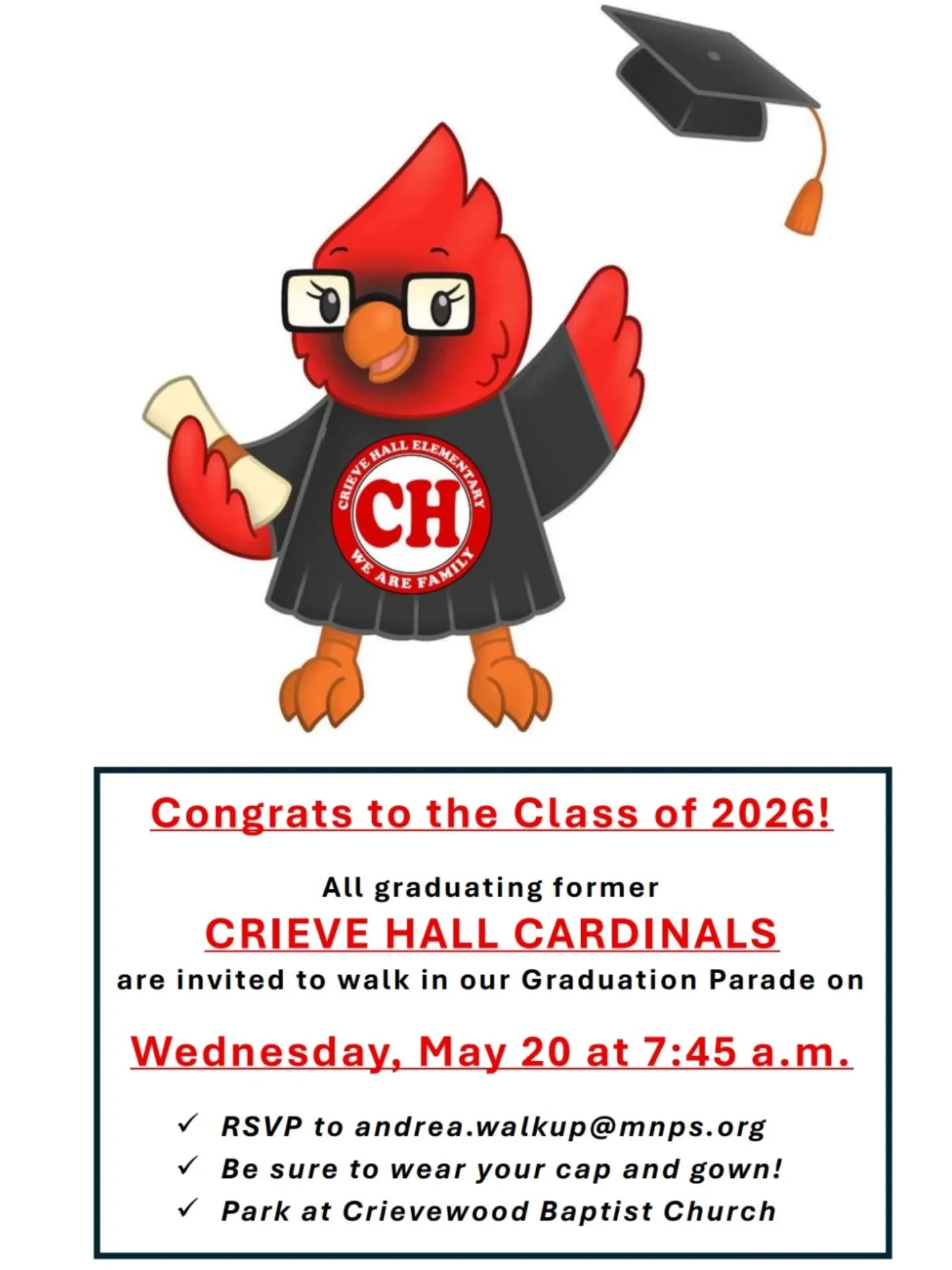 🎓 Calling all former Crieve Hall Cardinals! ❤️

Come back where it all began and join us for our Graduation Parade on May 20th! We&rsquo;re inviting graduating alumni to celebrate alongside our graduating students. 🎉

We can&rsquo;t wait to welcome