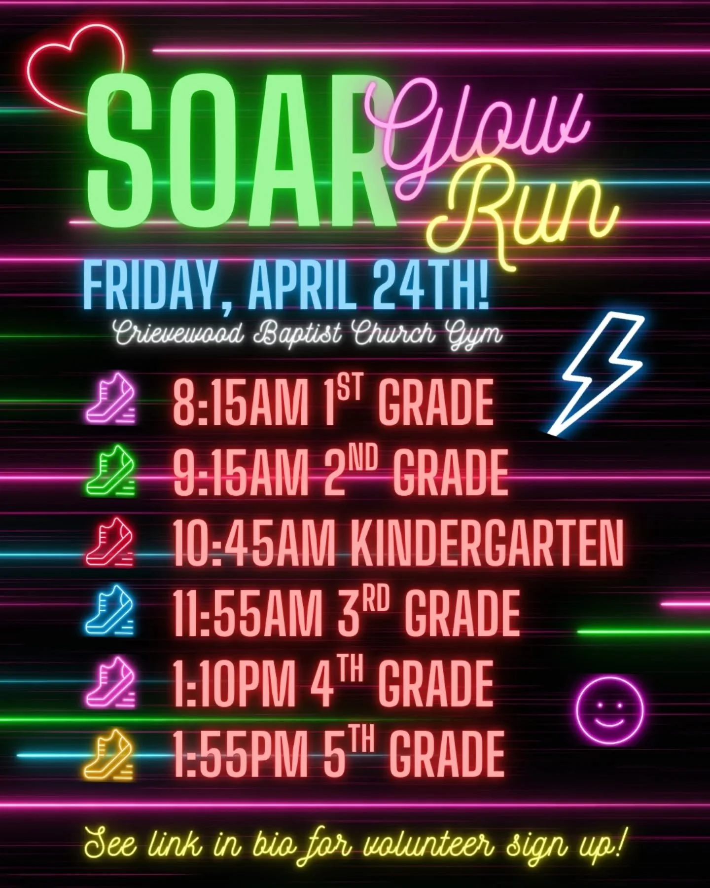 Next Friday, April 24, is our SOAR fundraiser Glow Run held at the Crievewood Baptist Church Gym. We need help getting our students ready to glow! 

We need volunteers to distribute glow bands, manage the water station and to cheer on our runners - i