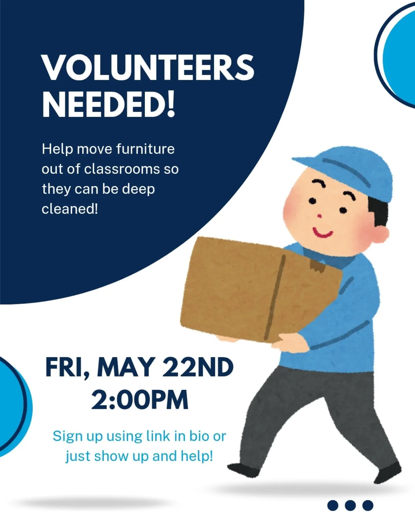 📦 Calling all helping hands! 📦

We&rsquo;re looking for volunteers to help us clear out classrooms on Friday, May 22 at 2:00 PM as we wrap up the school year. Many hands make light work, and even an hour of help makes a huge difference for our teac