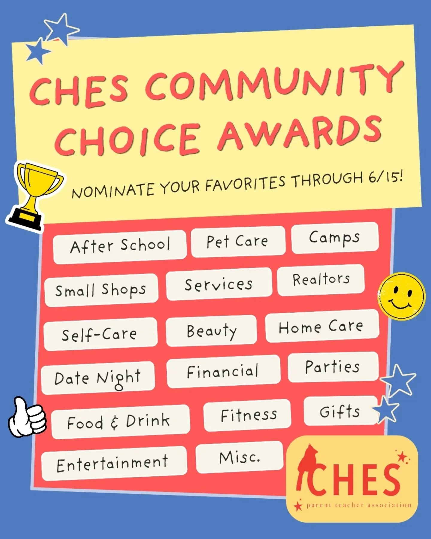 🎉 NOMINATIONS ARE NOW OPEN! 🎉

Do you have a favorite local spot everyone needs to know about? A go-to restaurant, amazing small business, or hidden gem in our community that deserves some love? ❤️✨

The CHES Community Choice Awards are your chance