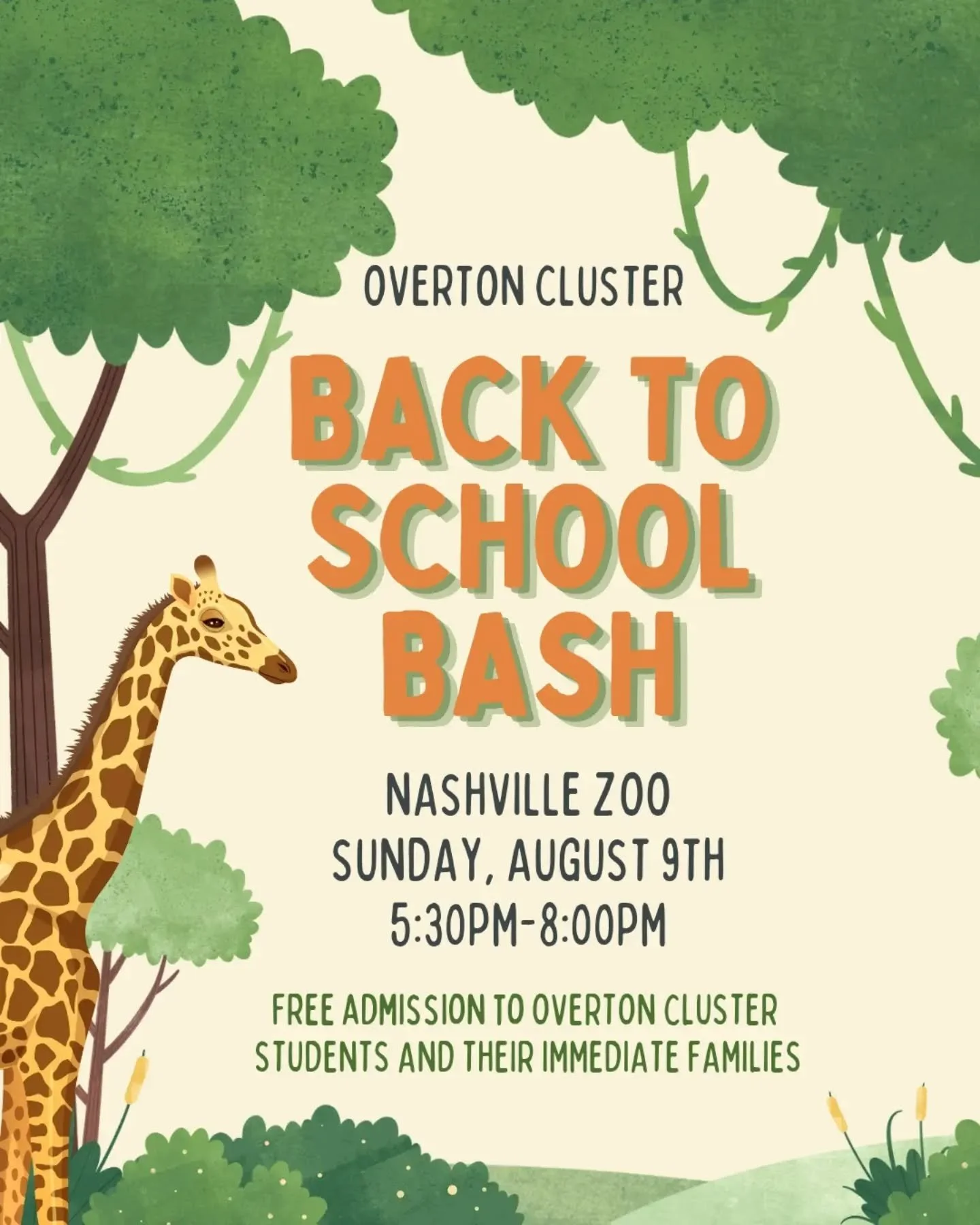 🦒🎉 Overton Cluster families&mdash;let&rsquo;s kick off the school year together! Join us for the Back to School Bash at the Nashville Zoo on Sunday, August 9 | 5:30&ndash;8:00 PM.

Admission is FREE for all Overton Cluster students + their immediat