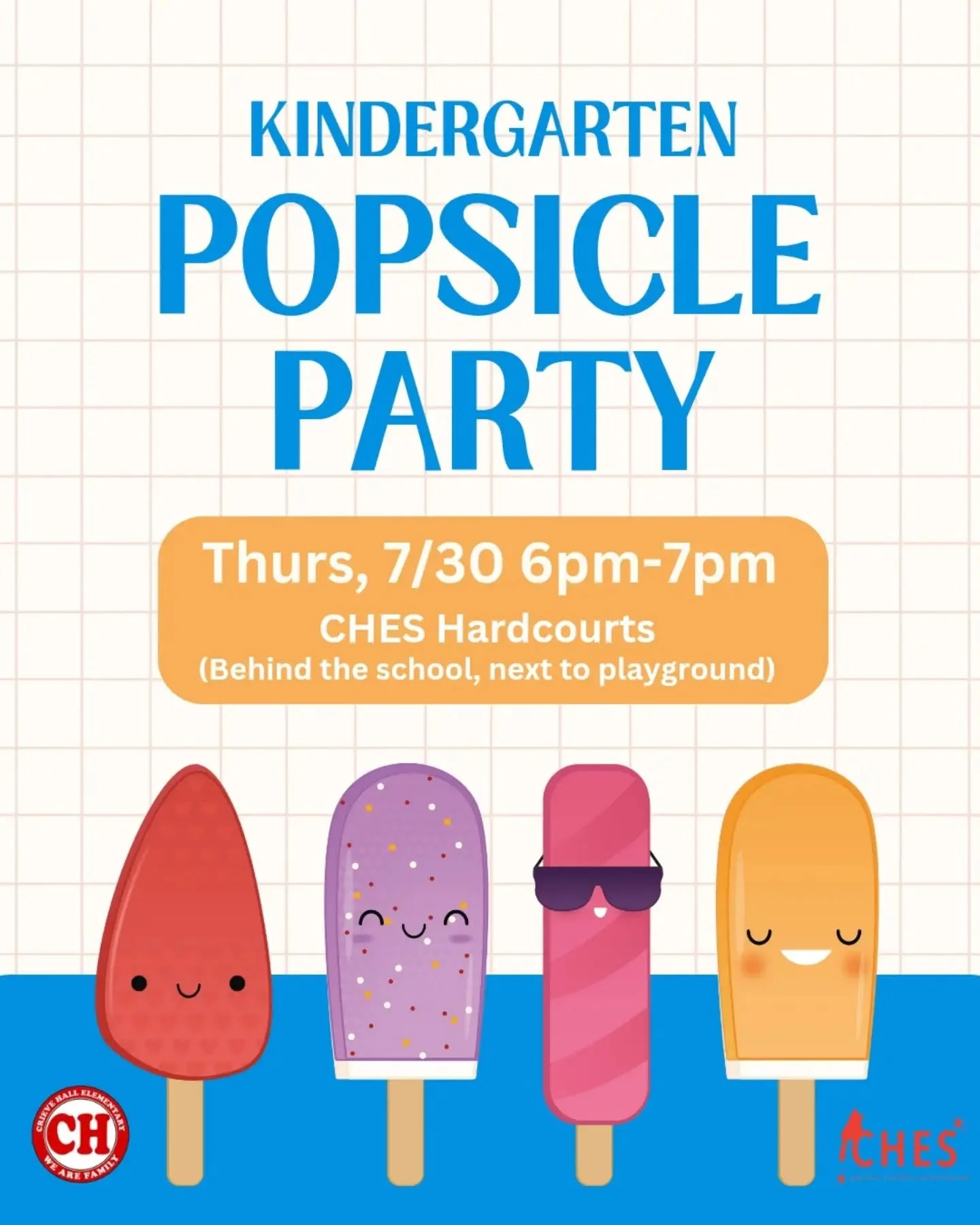 🌟 Kindergarten families are invited to join us for our annual Kindergarten Popsicle Party on the CHES hardcourts and playground on Thursday July 30th from 6-7pm!

🤸🏼&zwj;♀️This is a fun opportunity for incoming Kindergarten students and their fami