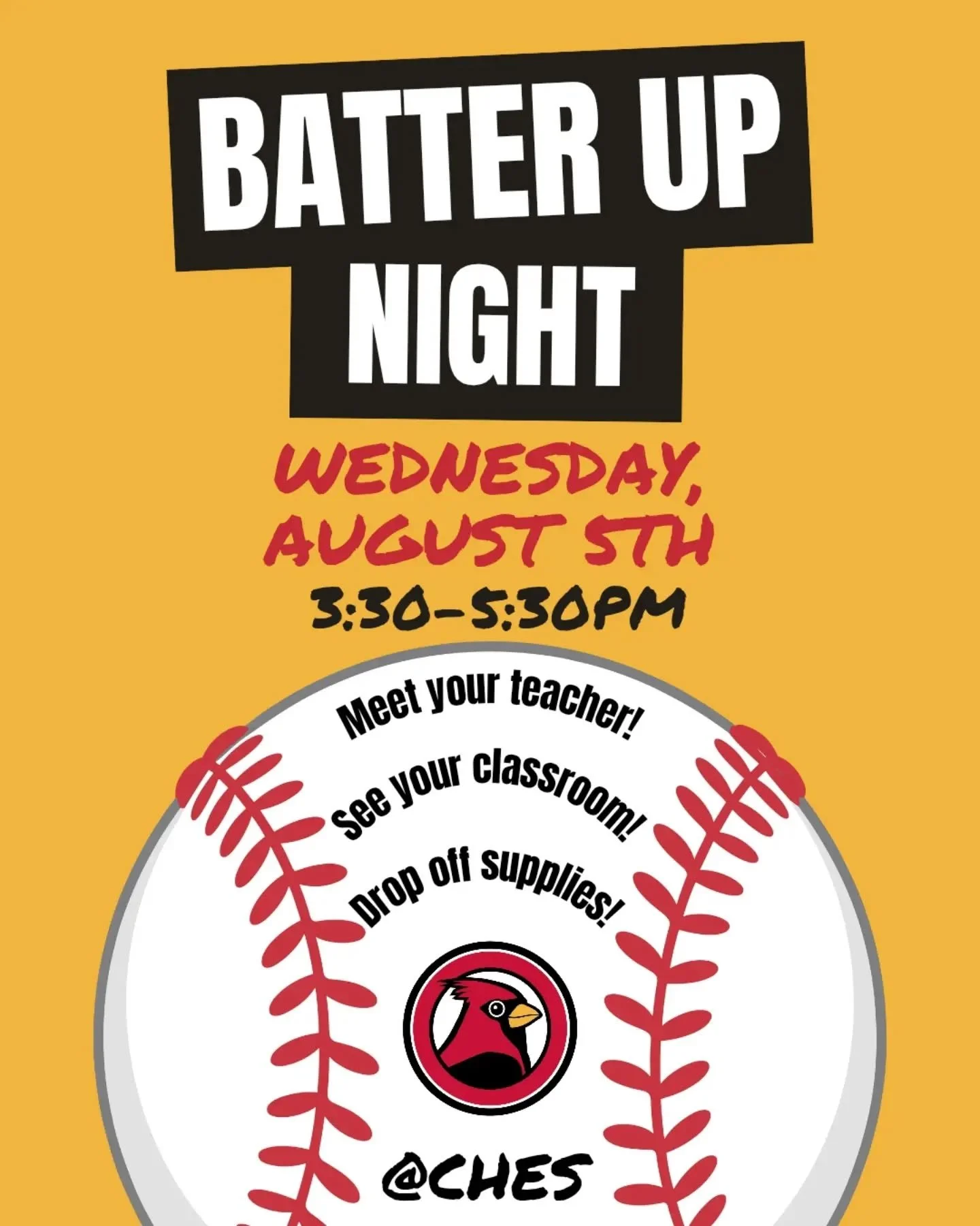 📣 Updated Date! 📣

Batter Up Night is a come-and-go event, so families are welcome to arrive anytime between 3:30 PM and 5:30 PM.

During your visit, you'll be able to: 
⚾️ Find out your child's teacher
⚾️ Meet our teachers and staff
⚾️ Drop off sc