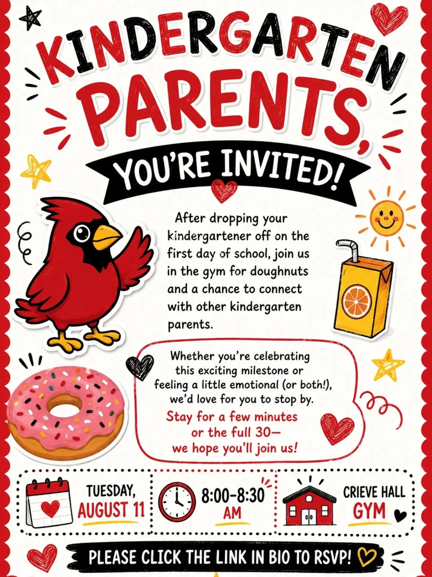 🎒Calling all Kindergarten parents! 🎒

The first day of kindergarten is a big milestone&mdash;for your child and for you! After drop-off, we'd love for you to join us in the Crieve Hall Elementary gym for coffee, doughnuts, and a chance to connect w