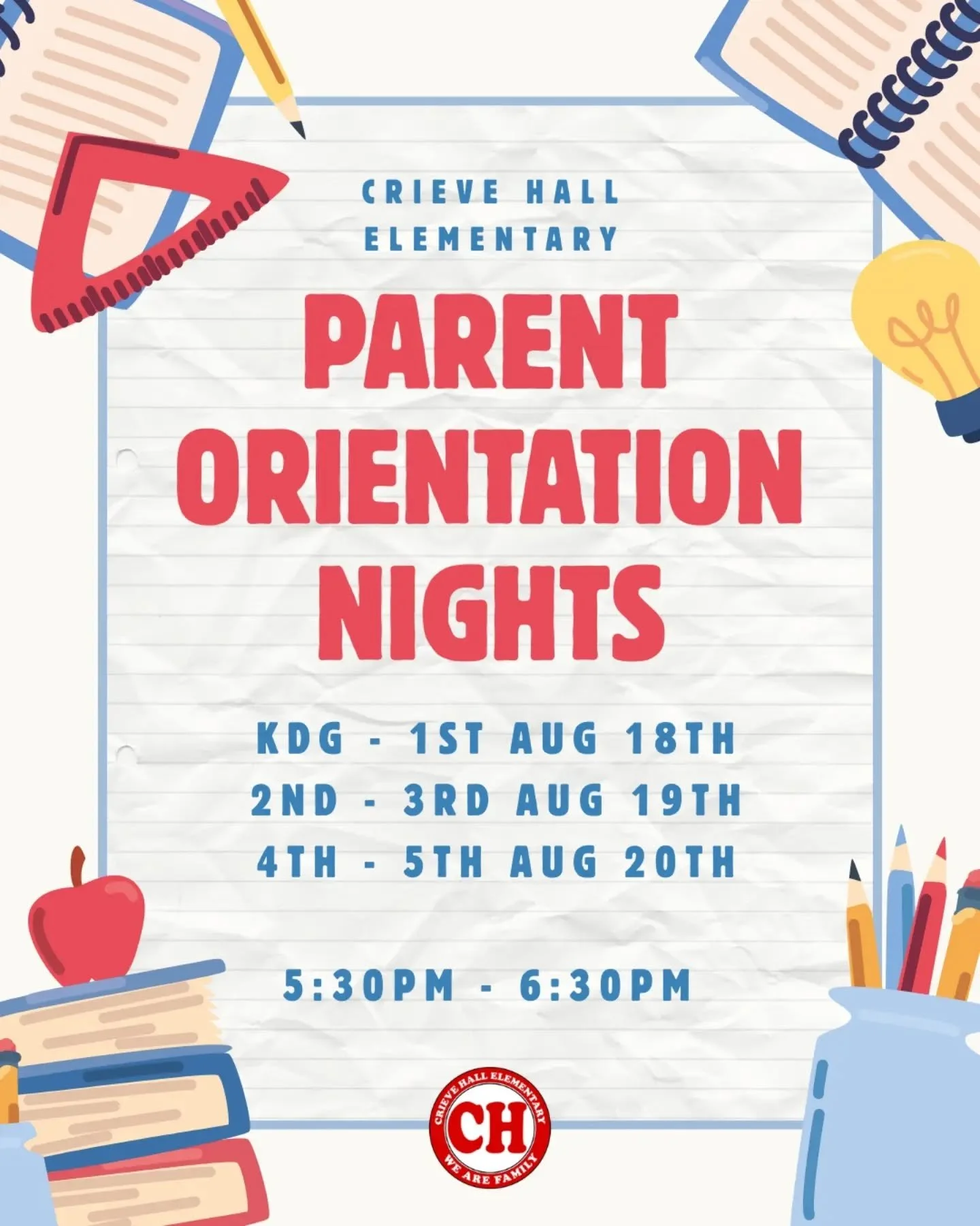 📚✨ Parents, this one&rsquo;s for you! ✨📚

Mark your calendars for Parent Orientation Nights at Crieve Hall Elementary!

Come learn all about your child&rsquo;s classroom, meet their teacher, get important information for the year ahead, and start t