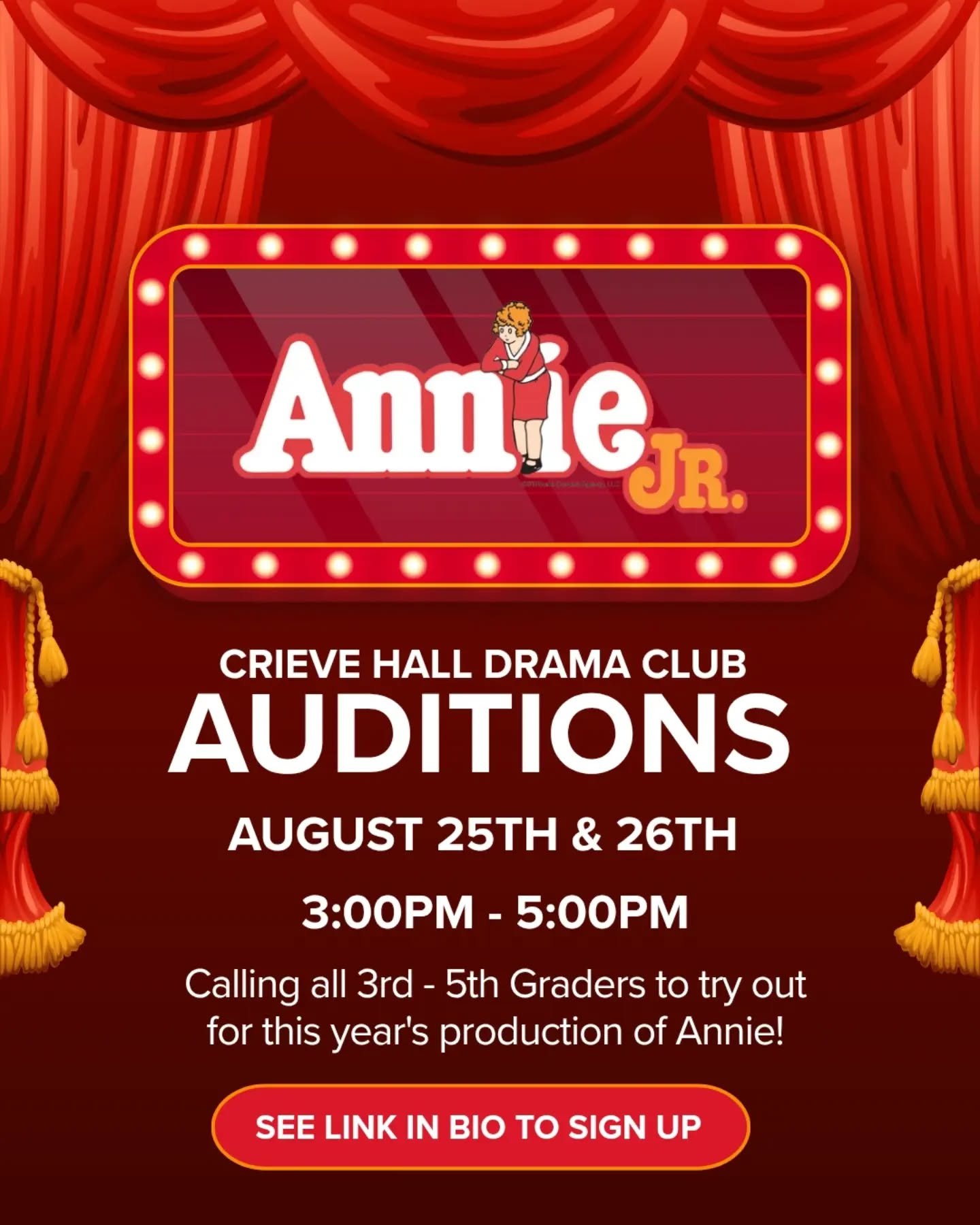 🎭 Calling all 3rd&ndash;5th graders! Auditions for this year&rsquo;s production of Annie Jr. are coming up, and we want YOU to be part of the cast! 🌟

🎬 Auditions: August 25th &amp; 26th
⏰ 3:00&ndash;5:00 PM
📍 Crieve Hall Elementary

Whether you&