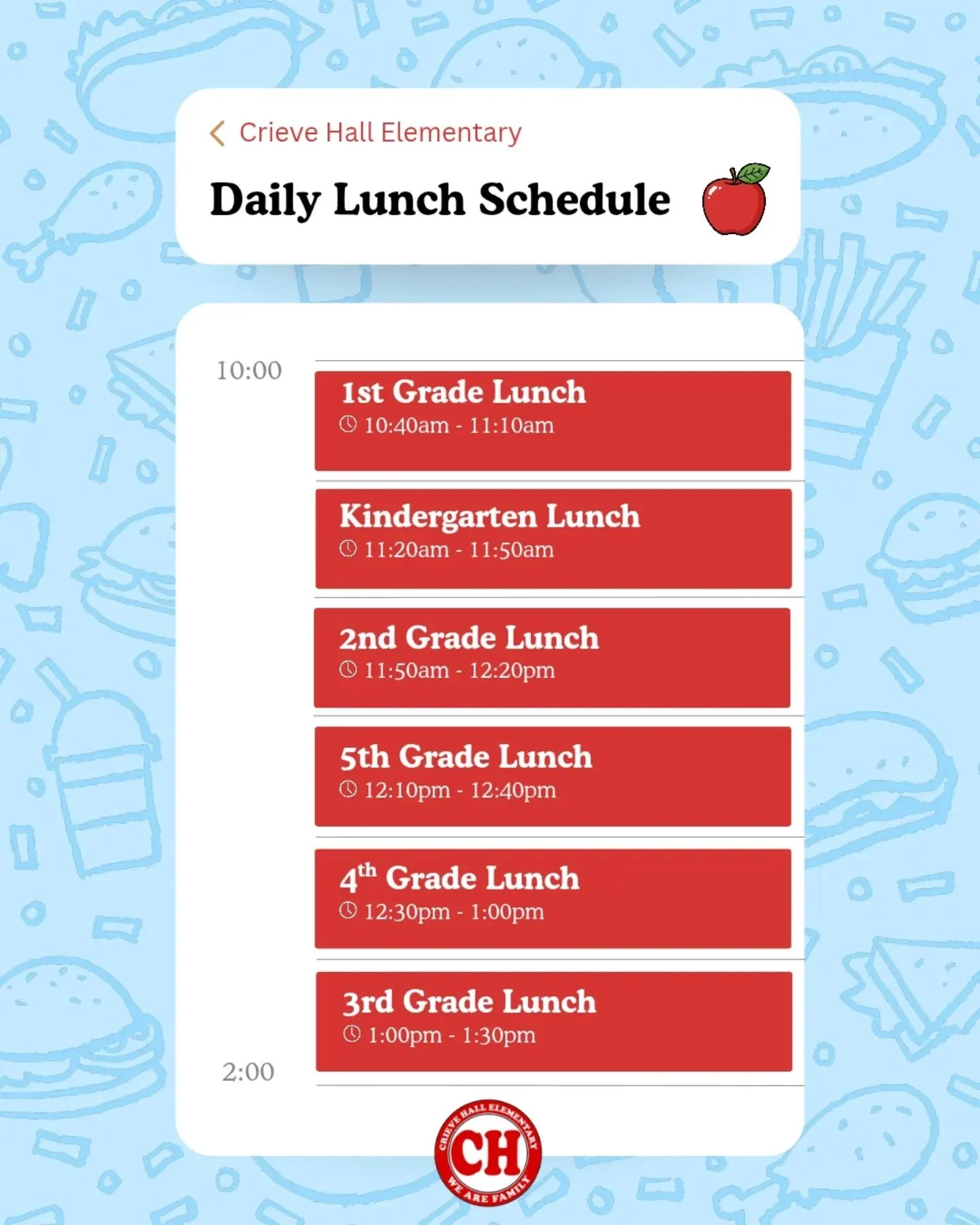 Did you know you can sign up to join your child for lunch at school? They LOVE to have a monthly lunch guest! 🥪

Here's this year's lunch schedule by grade level so you know when your student&rsquo;s lunch period takes place.

📅 Lunch sign-ups will