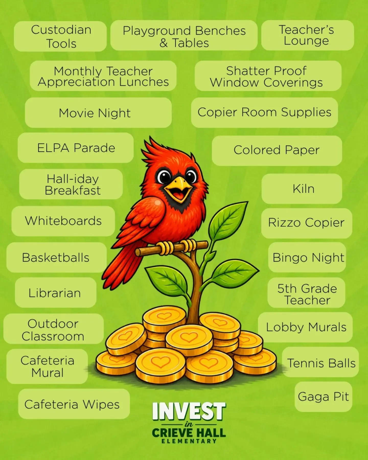 Wondering where your Invest dollars actually go? Take a look around. 👀

This is just a snapshot of the things your PTA has helped make possible at Crieve Hall&mdash;from the BIG things like funding teacher and staff positions, improving our campus a