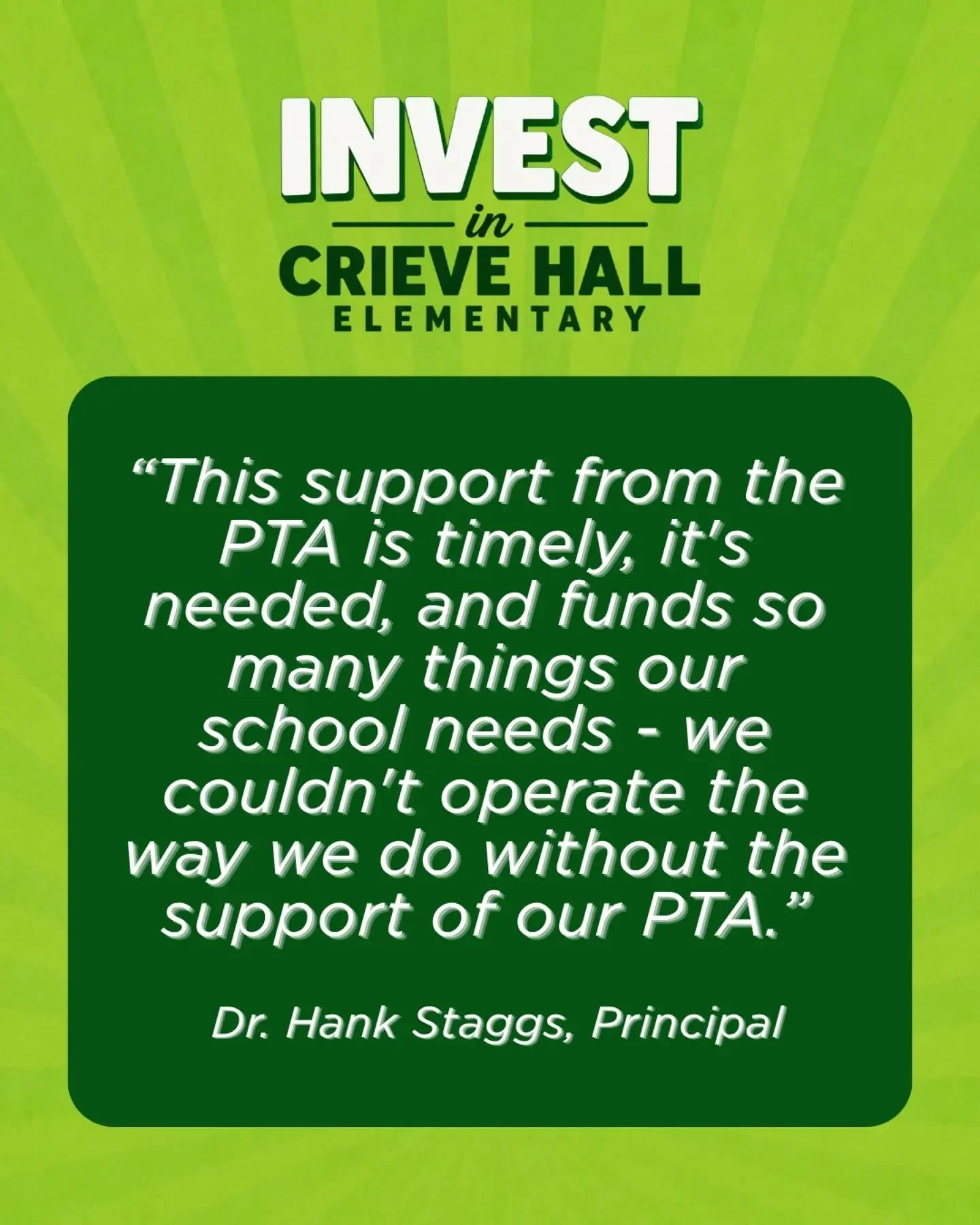 When your principal says it, you know it matters. ❤️

Invest isn&rsquo;t just another fundraiser&mdash;it helps make possible the people, programs, resources, and support our school relies on every single day.

As Dr. Staggs shared, &ldquo;We couldn&