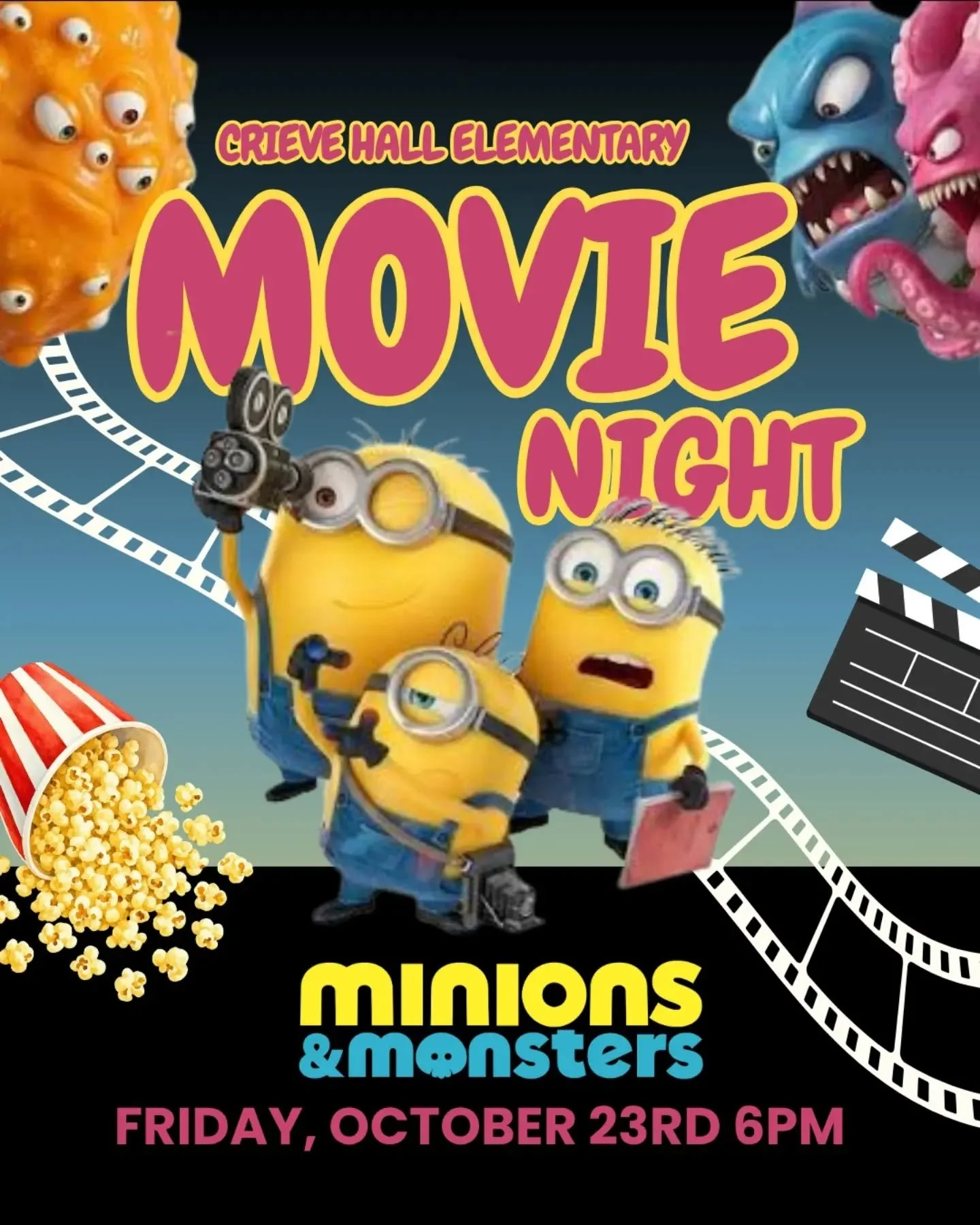🎬🍿 MOVIE NIGHT IS BACK! 🍿🎬

One of our favorite CHES traditions is coming up! Join us in the CHES front parking lot Friday, October 23 at 6 PM for Minions &amp; Monsters! 

Bring your folding chairs and blankets, grab a spot and settle in for a f