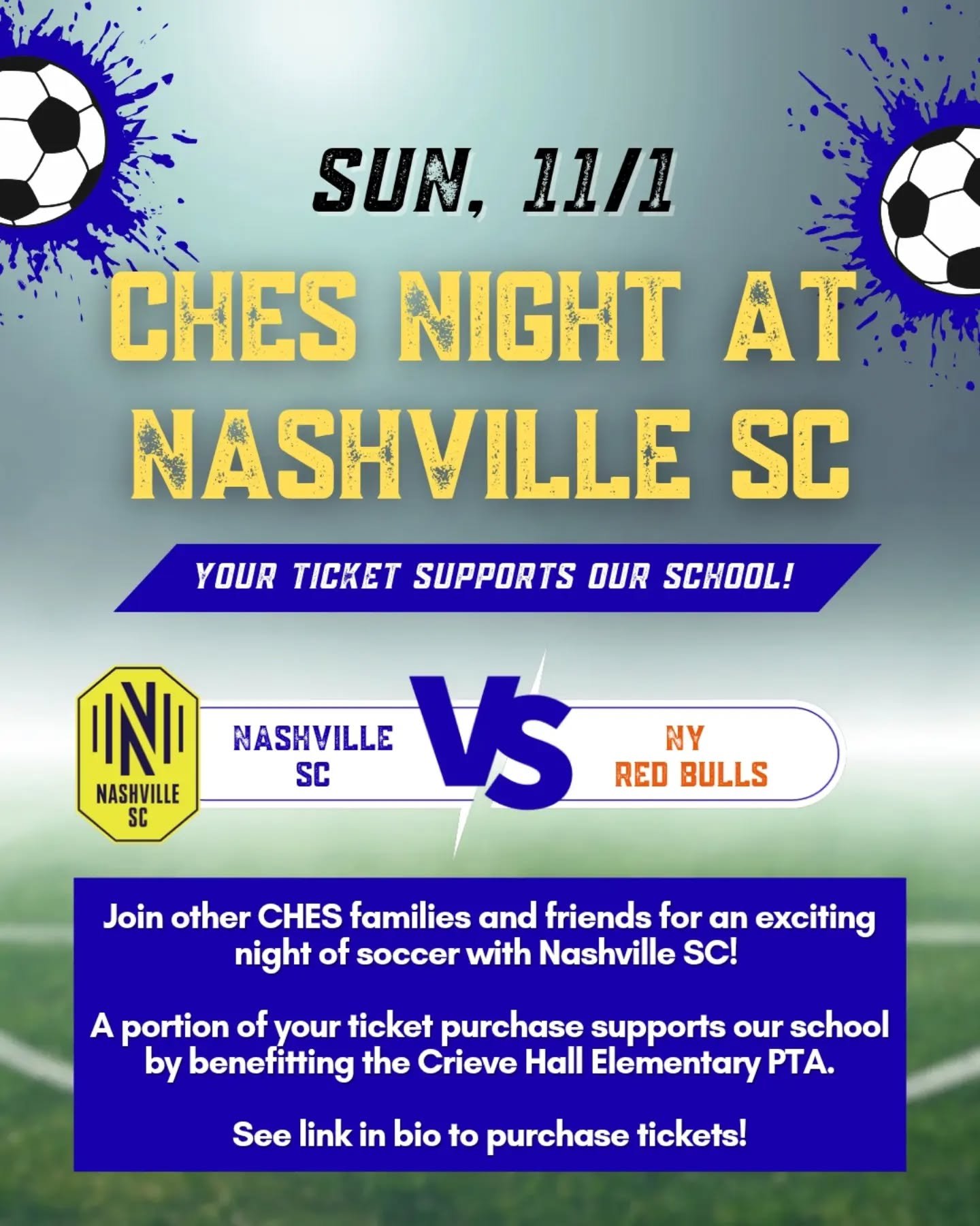 ⚽ Join your Crieve Hall Elementary friends and families for an exciting afternoon of soccer as Nashville SC takes on the New York Red Bulls! ⚽

📅 Sunday, November 1 ⏰ 3:30 PM 📍 GEODIS Park

🎟️ Cheer on Nashville SC AND support our school! When you