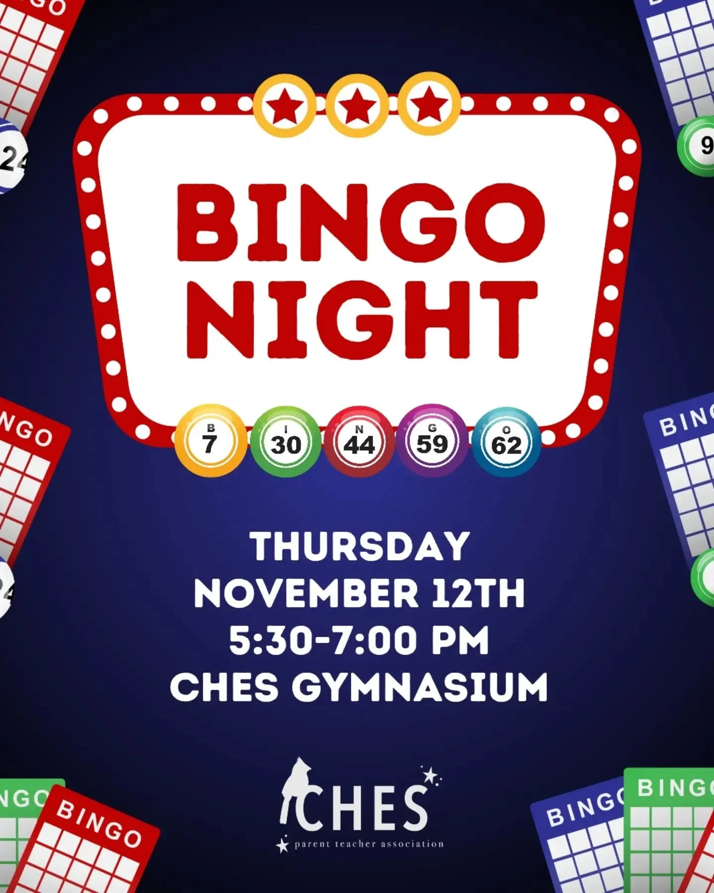 🗣️ BINGO! ‼️

Join us for CHES Family Bingo Night! Bring the whole family and your lucky bingo spirit for an evening of fun, prizes, and community! Best of all, it's completely FREE! 🎉

📅 Thursday, November 12th ⏰ 5:30&ndash;7:00 PM 📍 CHES Gymnas