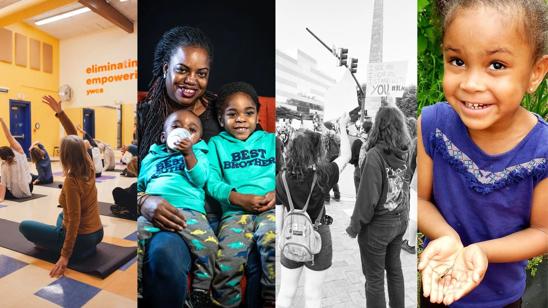 Photo collage of the YWCA Asheville: protesters with signs, a woman with children, children in a yoga class, and a young girl holding a grasshopper.